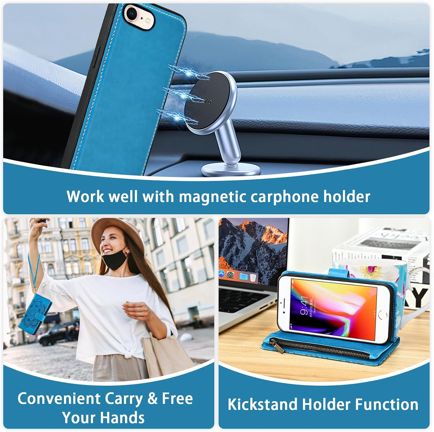 Phone Case for iPhone 7/8/SE 2020/2022 Zipper Wallet Cell Cover with Screen Protector Strap Flower Card Holder iPhone7 iPhone8 7s 8s i SE2020 SE2022 2/2nd/3/3rd Generation SE2 SE3 7SE 8SE Women Blue