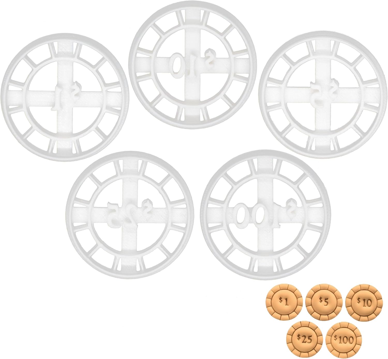 Set of 5 Poker Chip cookie cutters (Designs: Value 1, 5, 10, 25, and 100), 5 pieces - Bakerlogy