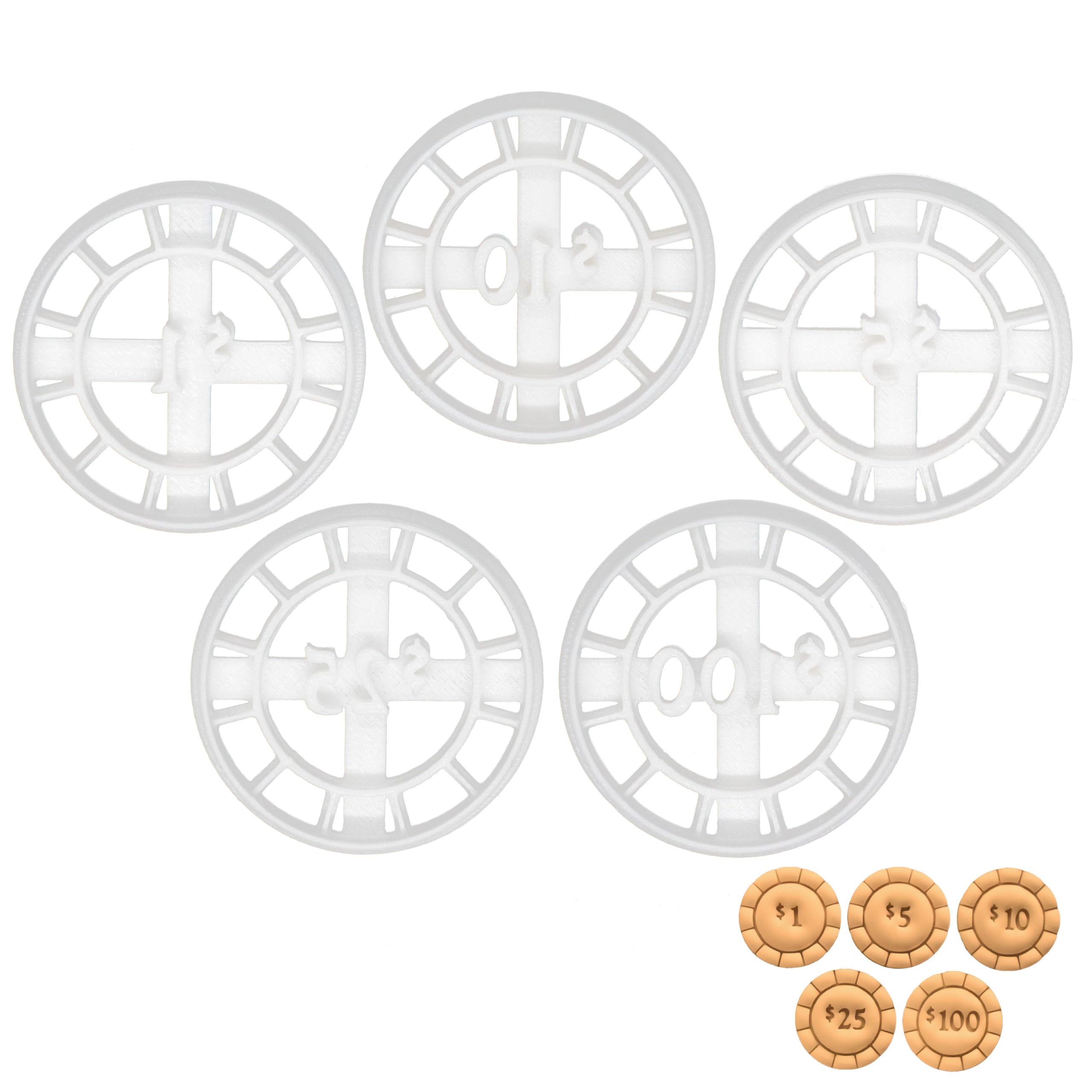 ensemble de 5 emporte-pièces pour jetons de poker (motifs: valeur 1, 5, 10, 25 et 100), 5 pièces