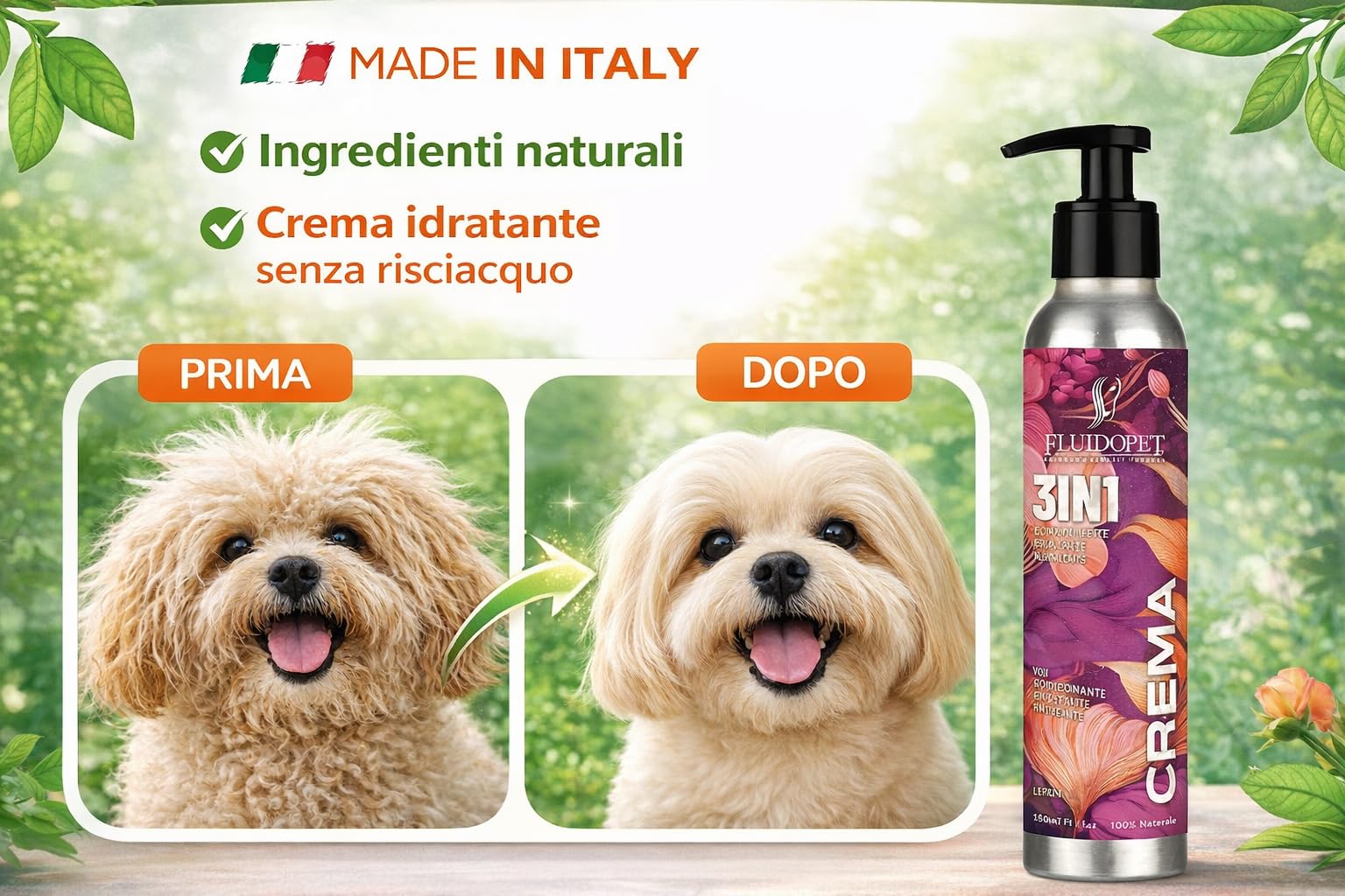 Crema 3 in 1 per Cani Senza Risciacquo -Condizionante, Idratante, Districante. Ideale per Manti Lunghi, Frangiati e Secchi – con Jojoba, Pappa Reale, Vitamina E – Effetto Lucente Anticrespo