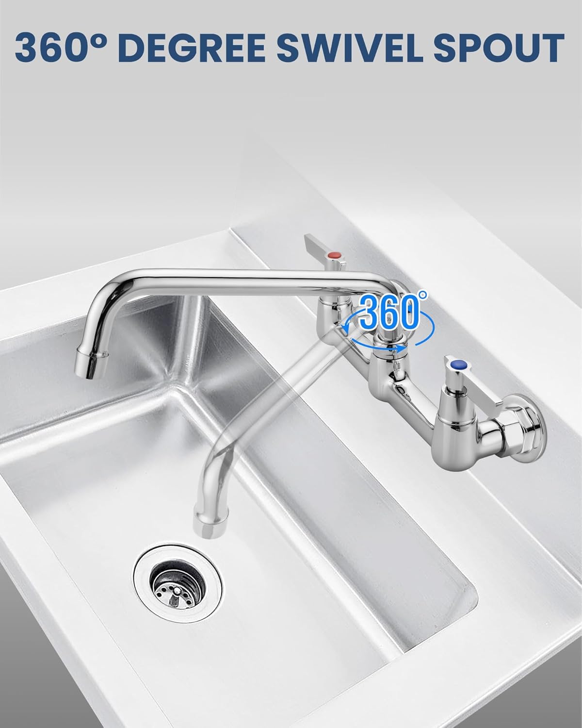 Airuida Wall Mount Commercial Kitchen Faucet,8 Inch Swivel Spout,8 Inch Center Utility Sink Faucet with Dual Handles,Solid Brass 360° Swivel Spout,Commercial Sink Faucet for Kitchen Laundry,Chrome - Image 5