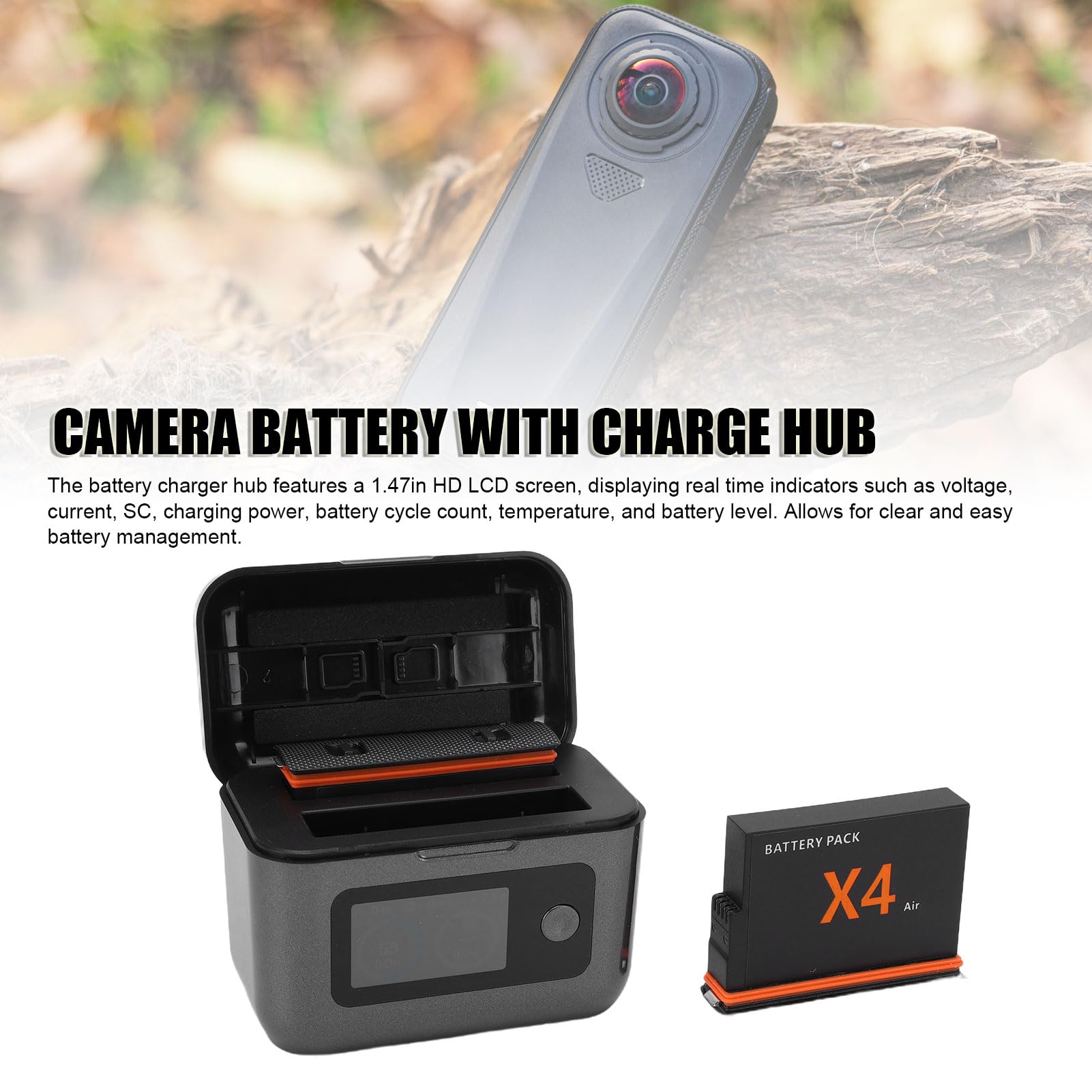 Jectse Do Zestawu ładowarek Do Akumulatorów Aparatu 360 X4 Air, 2 Akumulatory Zamienne 2050 MAh z Wyświetlaczem LCD i Futerałami Przechowywania, Aparatu 360 X4 Air