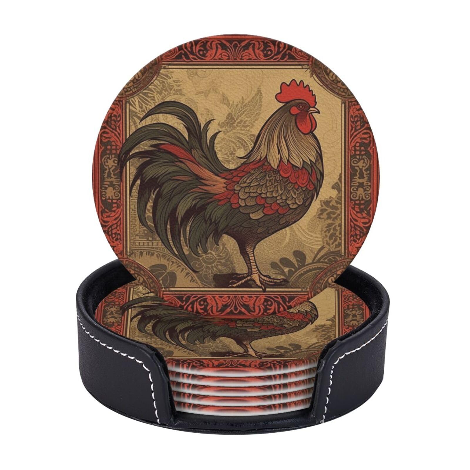Round Coasters for Drinks Set of 6 - PU Leather Coasters with Holder - Modern Drink Coasters for Coffee Table - Old Rooster Illustration Coaster for Tabletop Protection 4" Cup Mat Pad
