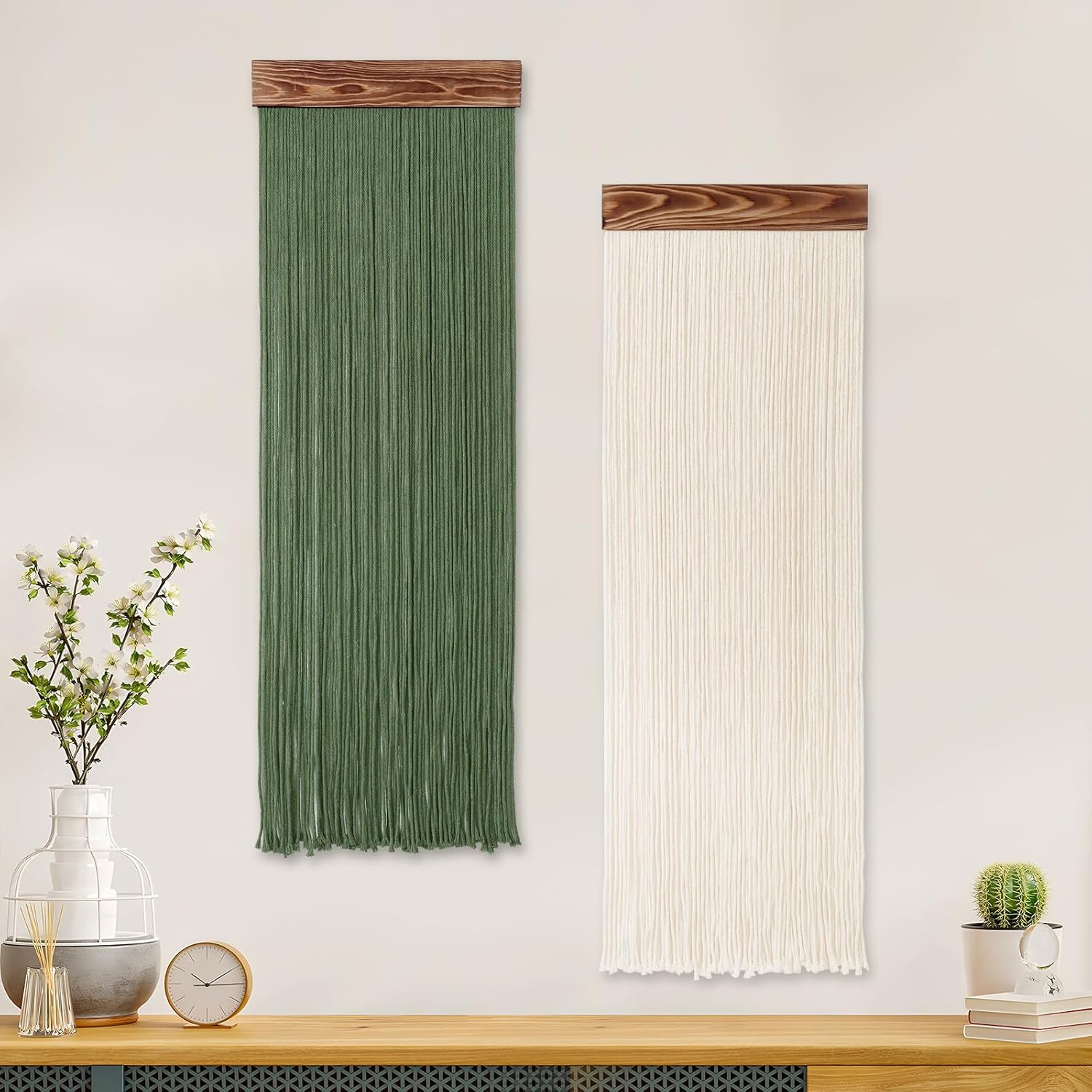 KHOYIME Macrame Wall Hanging Boho Chic Home Decor, 3PCS Bohemian Green Beige Tassel Yarn Tapestry Modern Handmade Large Wall Art Decorations for Living Room Bedroom Nursery Backdrop 11.8''W x 36''L