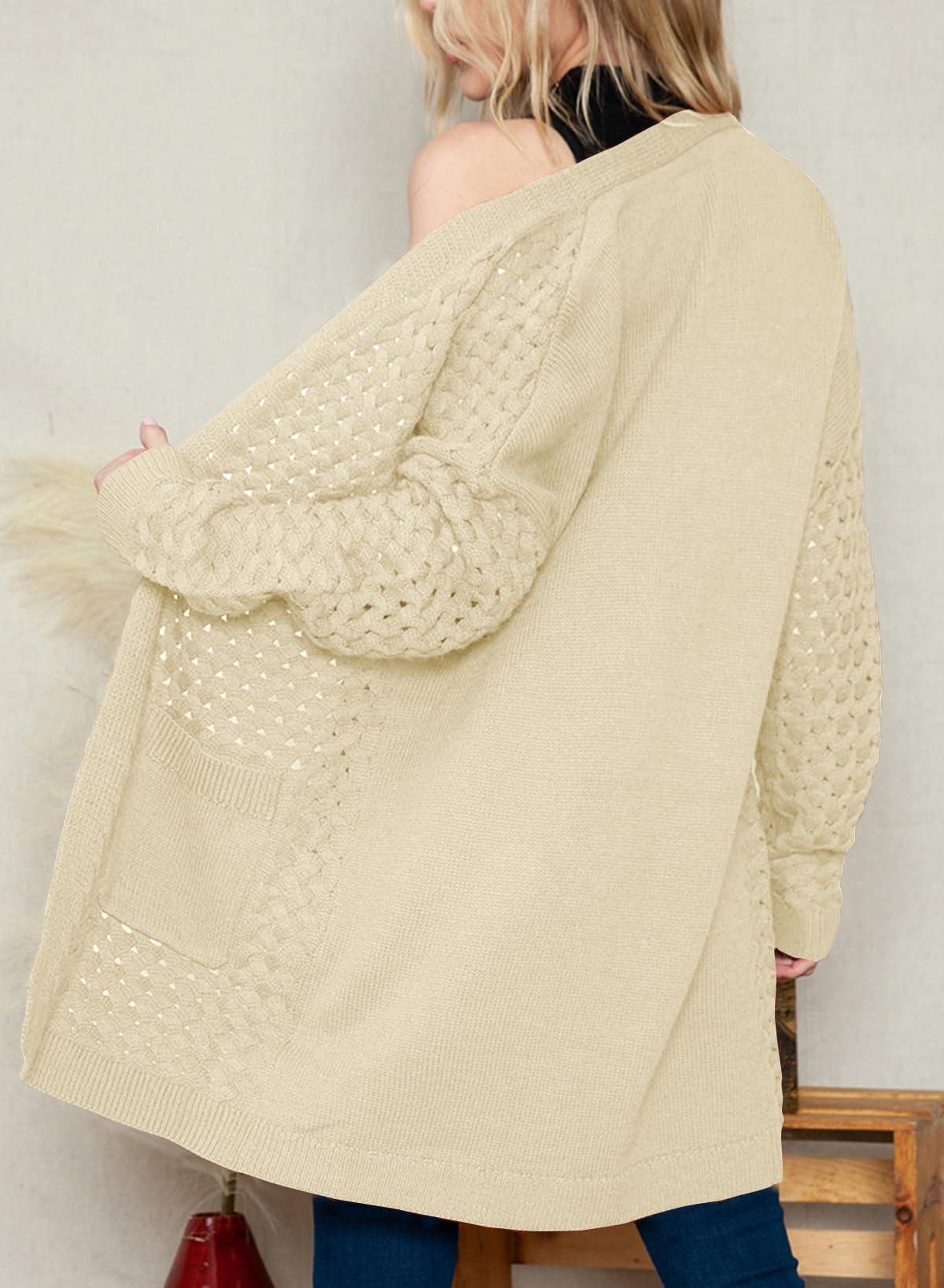 Chaqueta larga de punto para mujer, chaqueta de punto frontal abierta, abrigo con bolsillos, ropa exterior holgada informal para uso diario, beige, M