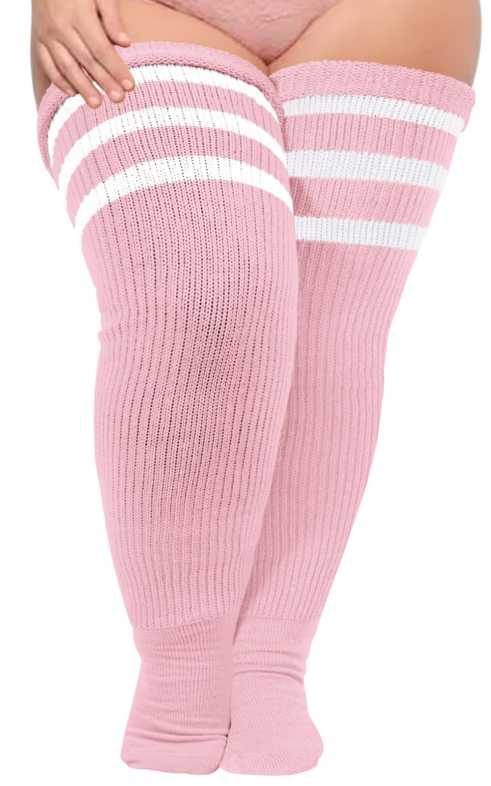 Moon Wood Vrouwen Plus Size Dij Hoge Sokken Extra Lange Gestreepte Dikke Over De Knie Sokken Been Warmer Boot Kousen One size - B-BabyPinkWhite