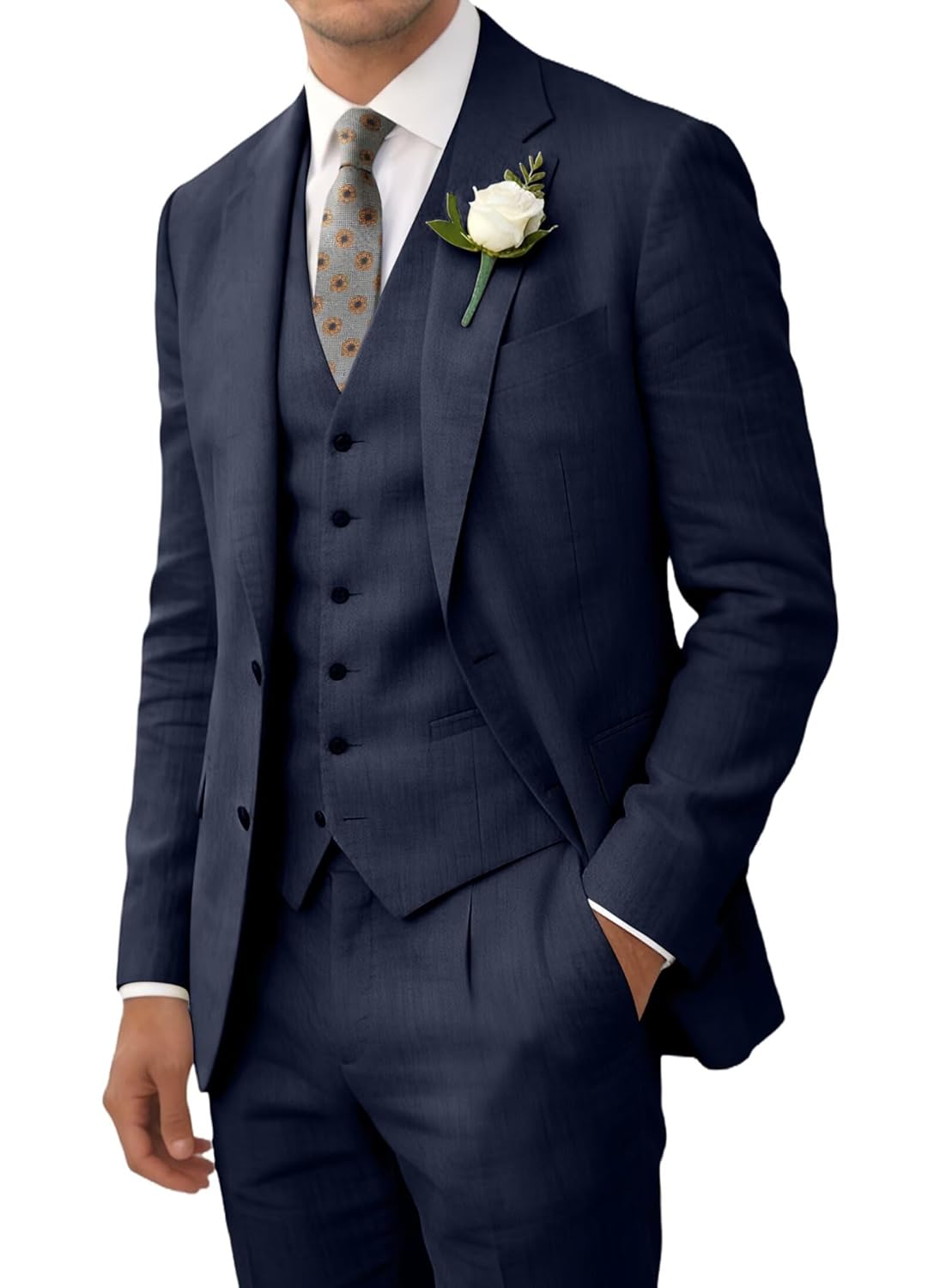 Terno masculino retrô de linho, praia, casamento, verão, caimento justo, 3 peças, leve, de linho, colete e calça smoking