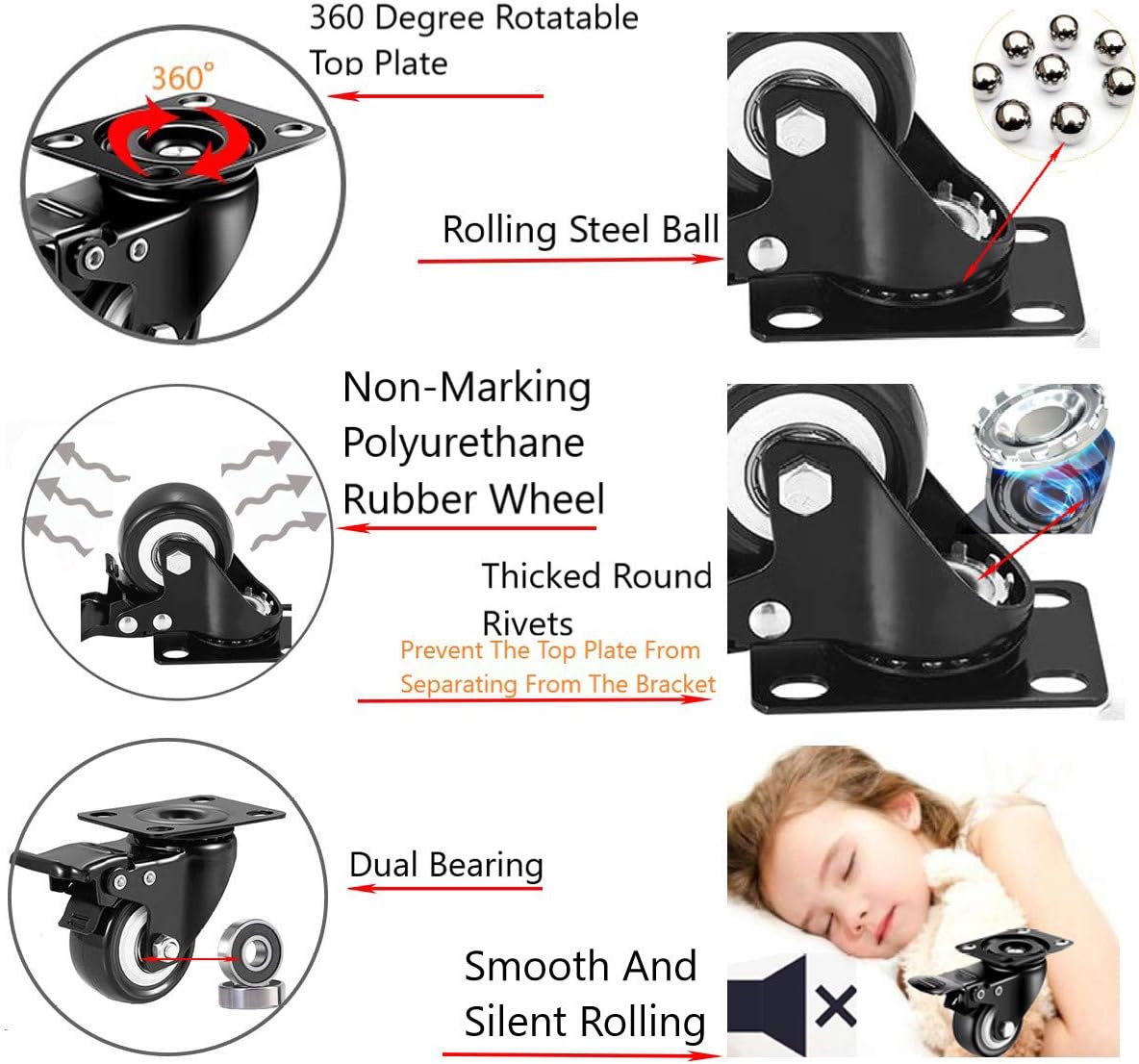 ENJUCOM 2 inch Swivel Caster with Safety Dual Locking Heavy Duty 600Lbs Set of 4 with Brake,150 LBS Per Caster,16 Tapping Screws