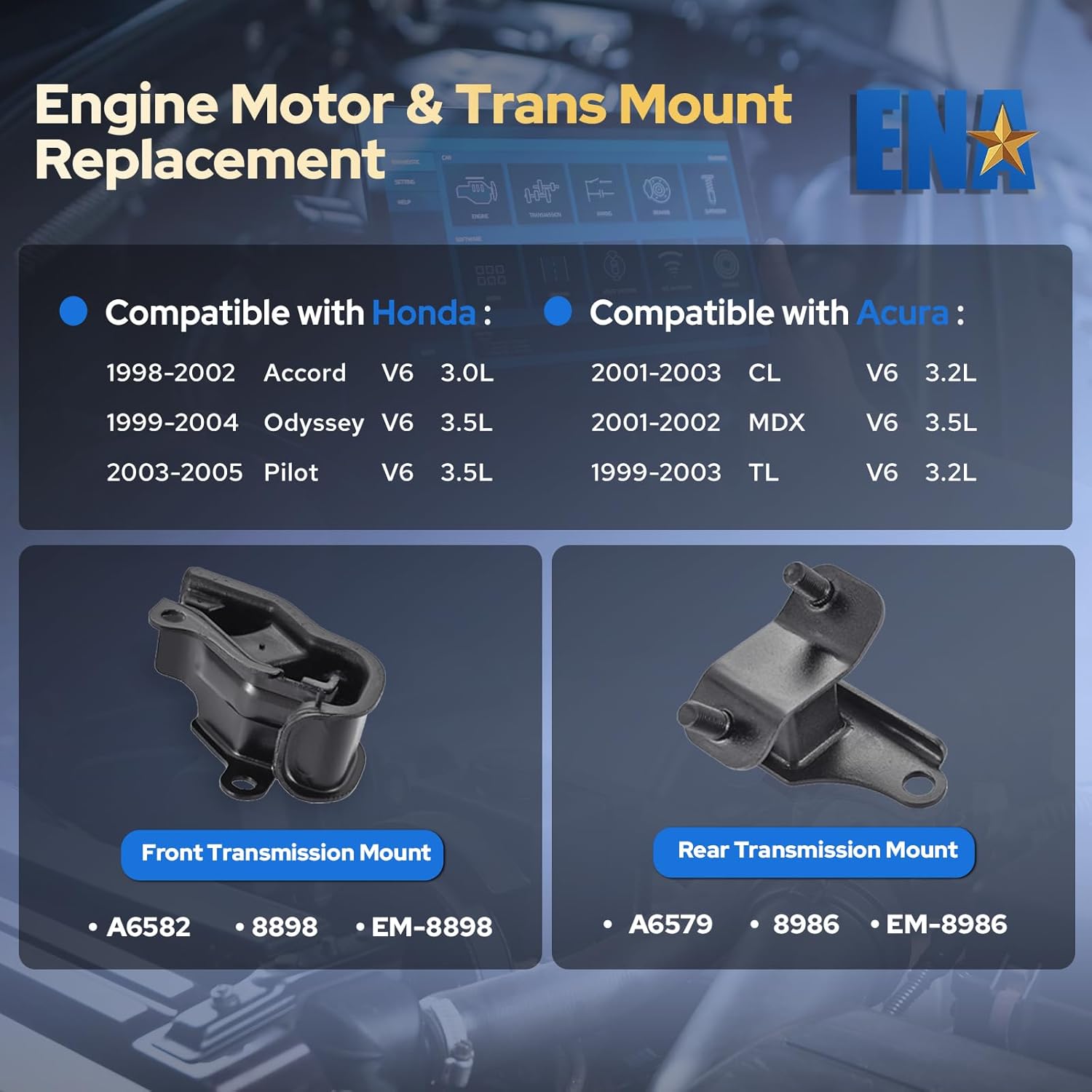 ENA Front and Rear Transmission Mount Set of 2 Compatible with Acura Honda Odyssey1999-2004 3.5L, Accord 1998-2002 3 .0L, TL 1999 2000 2001 2002 2003 3.2L Replacement for A6582 8898 A6579 8986