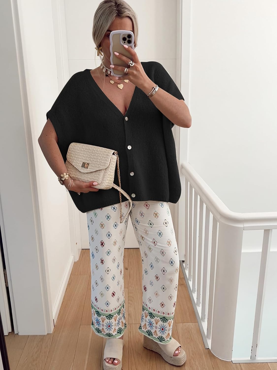 Women's V Neck Short Sleeve Cardigan Sweater Tops Lightweight Button Loose Sweater Vest - Image 3