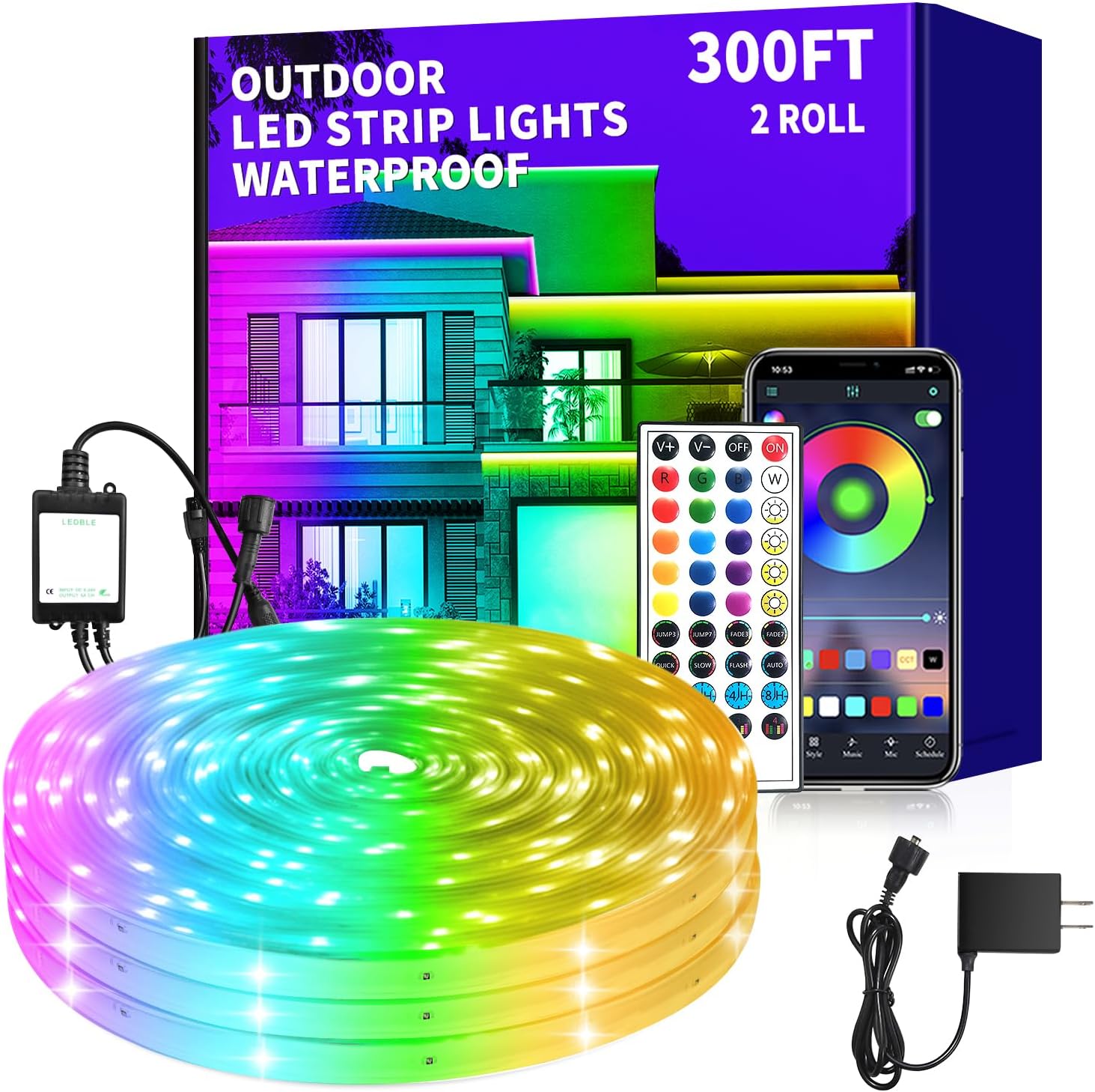 Outdoor LED Strip Lights Waterproof,300ft Outdoor Lights with App/Remote Control, IP68 Waterproof, Music Sync led Lights for Bedroom,Patio,Eave,Halloween Decorations(2 Rolls of 150ft
