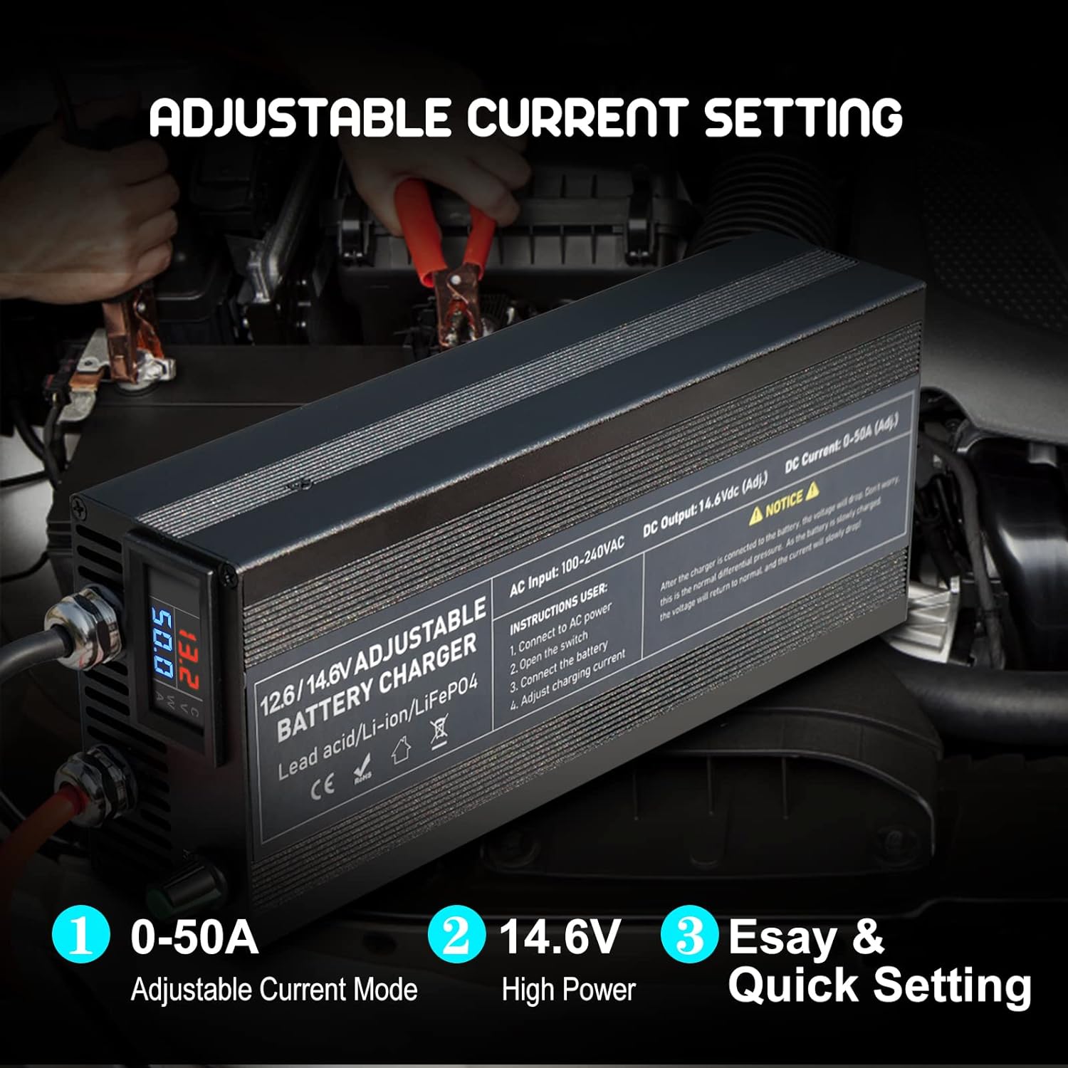 Battery Charger 14.6V 50A Lifepo4 Battery Charger Smart Maintainer Adjustable Current Portable Power Adapter for 14.6V LiFePO4 Lithium Iron Rechargeable Battery (50A)
