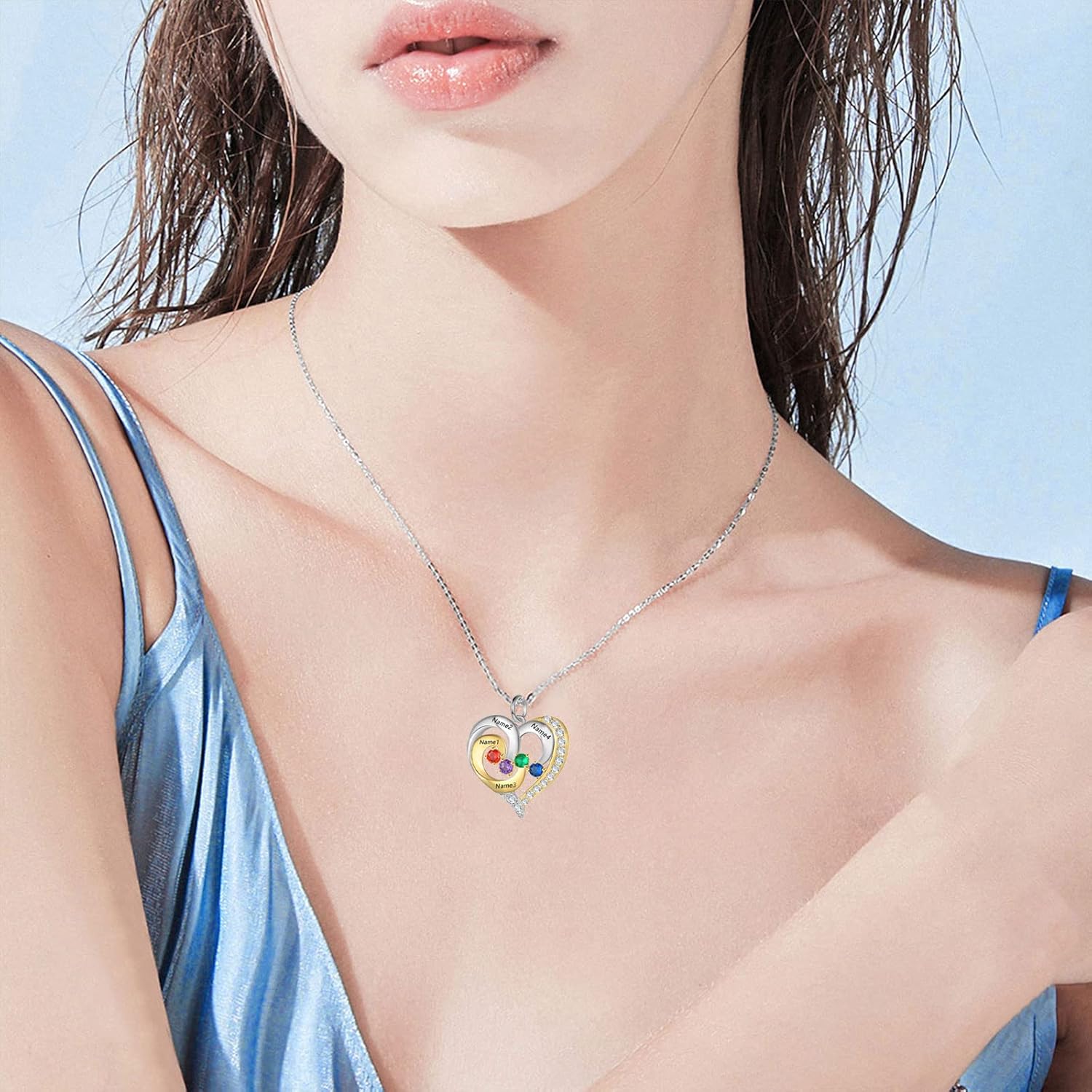 10K 14K 18K Gold Personalized Birthstone Heart Necklace for Women with 1-5 Birthstones Custom Engraved 1-5 Names Birthstone Necklace Jewelry Gift for Mom