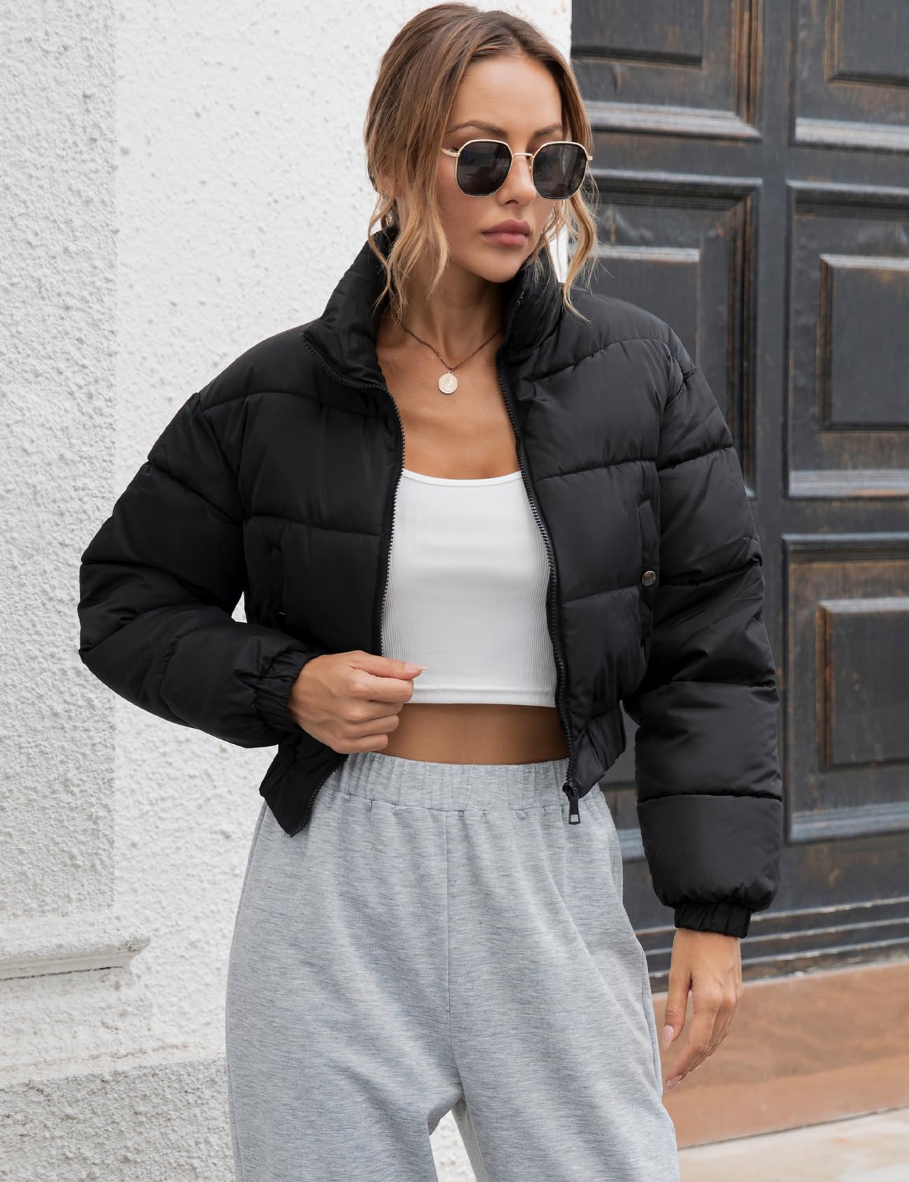 Gihuo Women' s Cropped Quilted Puffer Jacket Outerwear Coats