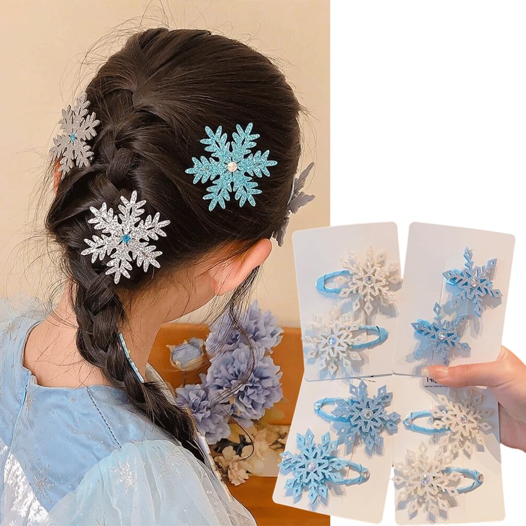 8PCS Snowflake Hair Clip Blue White Christmas Hair Accessories for Women Xmas Bow, Creative Elegant Rhinestone Ice Snow Princess Hair Clip Snowflake Hairpin Headwear Accessories for Baby Child