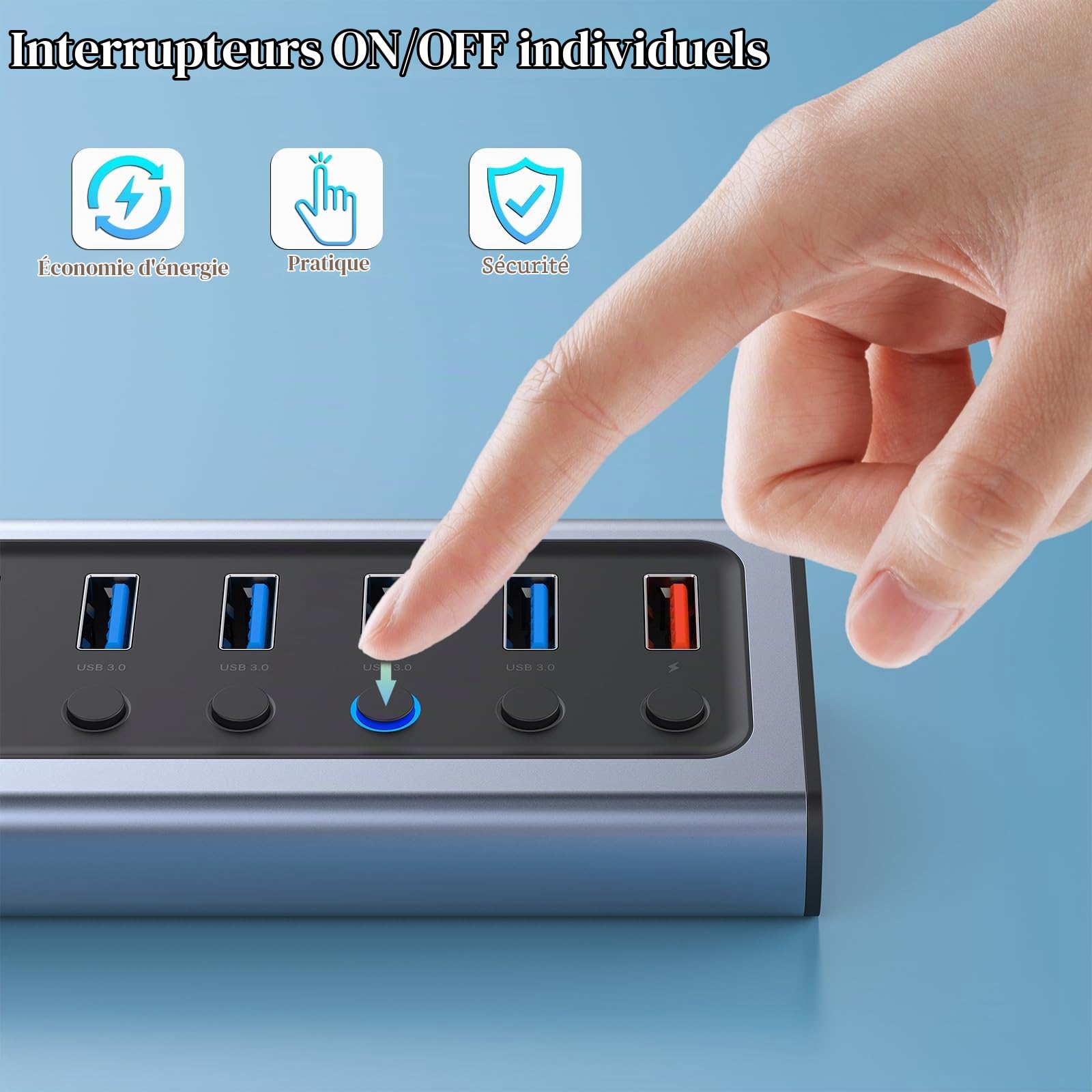BENFEI Hub USB alimenté, hub répartiteur USB 3.0 8 Ports (7 Ports de Transfert de données Plus Rapides + 1 Port de Charge) avec Adaptateur Secteur et interrupteurs Marche/arrêt LED individuels