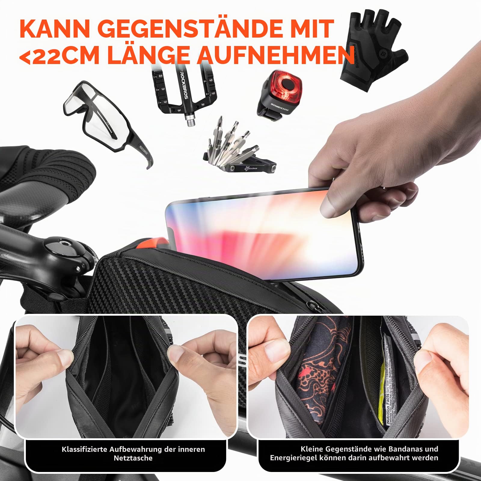 ROCKBROS Rahmentasche Fahrradtasche für Fahrradrahmen Oberrohrtasche ca.1L 22 * 10 * 5,5cm