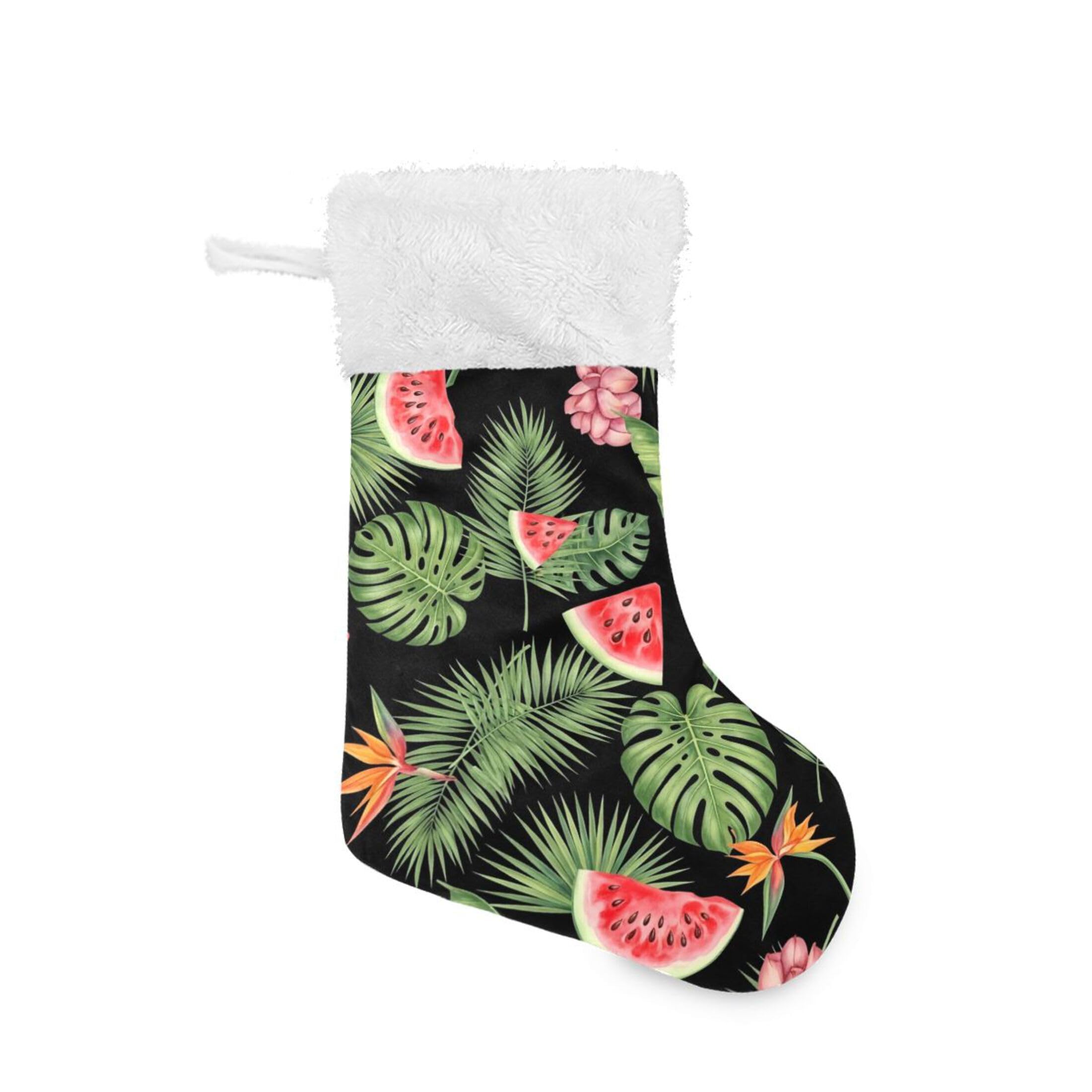 Fuauuyl Watermelon Palm Leaves Christmas Stocking 18 In Xmas Hanging Stocking with Plush Cuff for Family Holiday Party Fireplace Decorations, 1 Pack