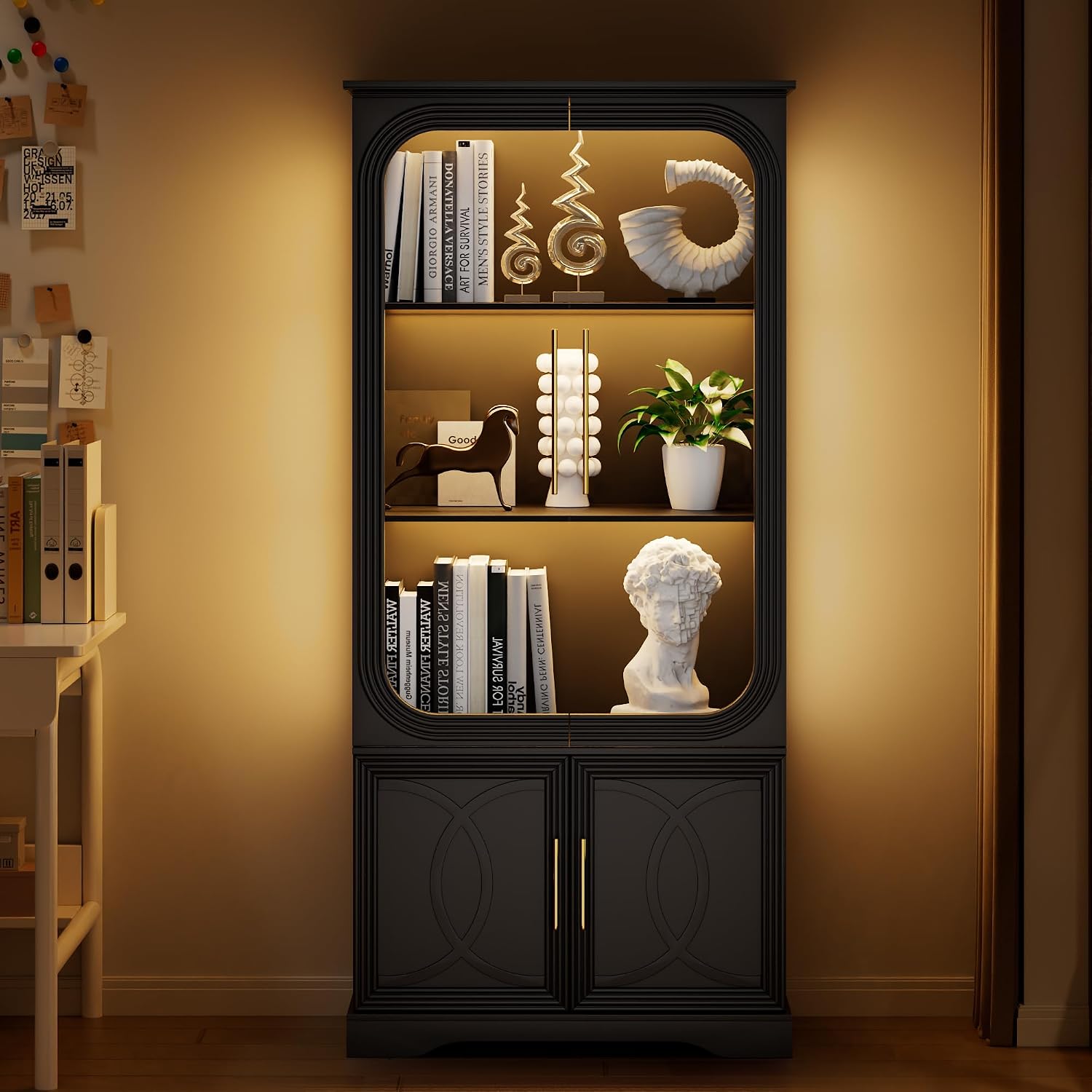 HWB Modern Display Cabinet with Glass Doors, Curio Cabinet with Storage (White)