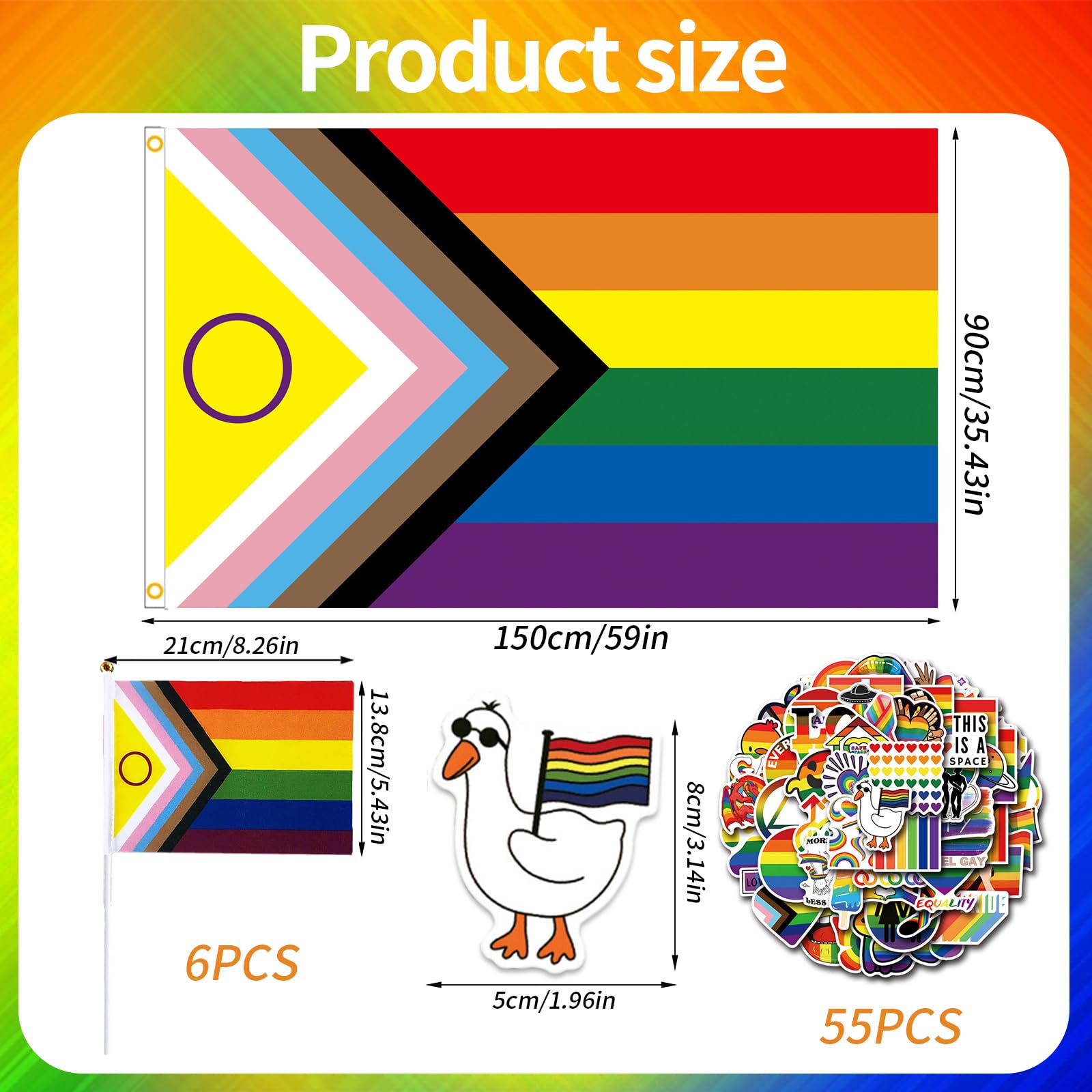 Set di Adesivi e Bandiera Rainbow per Orgoglio LGBTQ, 1 Bandiera Grande, 6 Piccole Bandierine e 55 Adesivi, Decorazioni per Feste e Celebrazioni