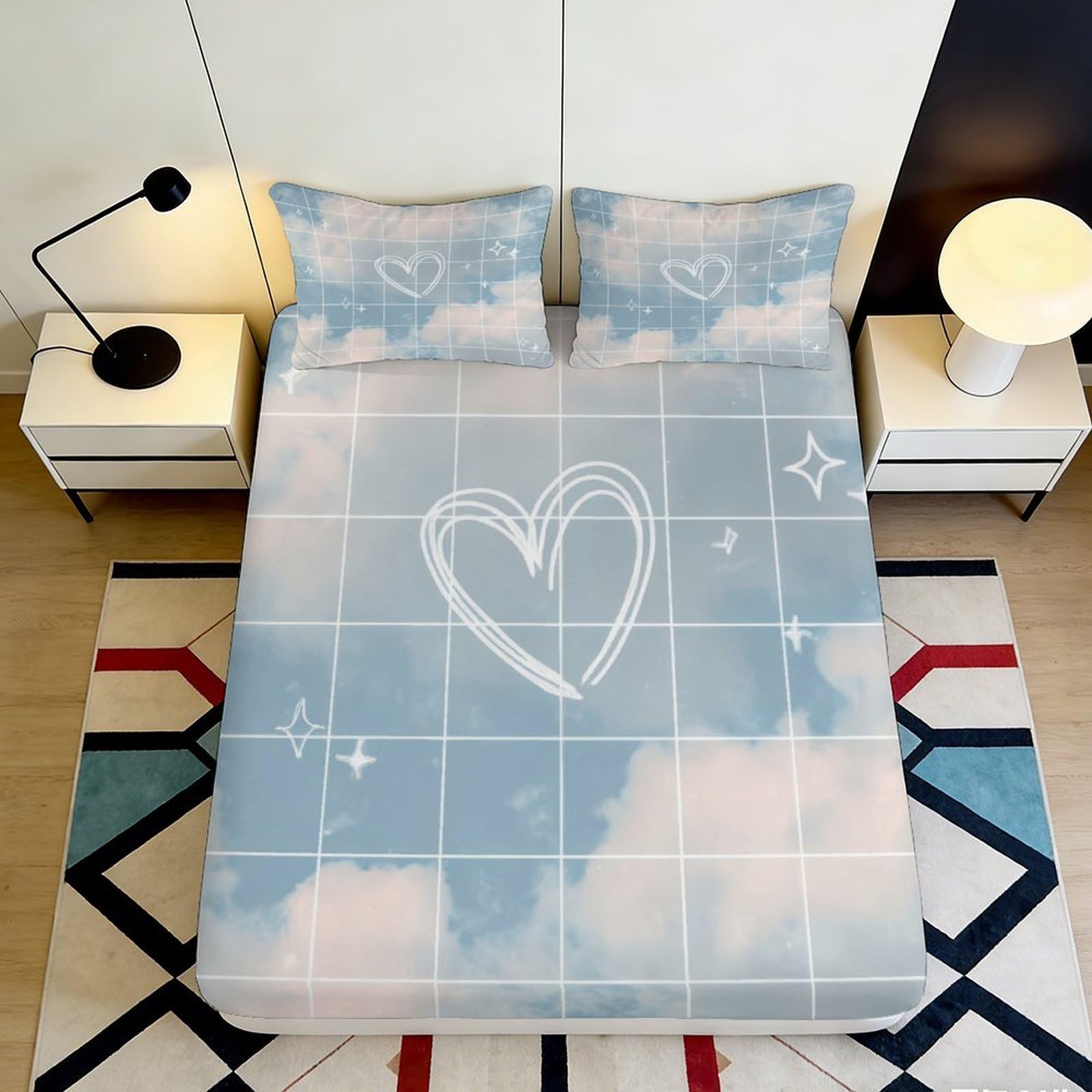 3D Printed Sky Cloud Heart Fitted Sheet Microfiber Soft Bedroom Decor Star Grid Mattress Cover Washable 90x200x25cm