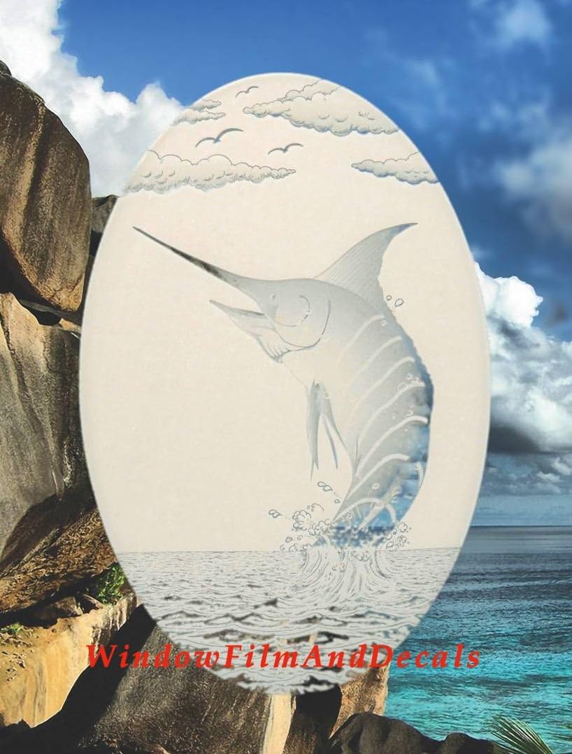 Oval Marlin Etched Window Decal Vinyl Glass Cling - White with Clear Design Elements (15" x 23")