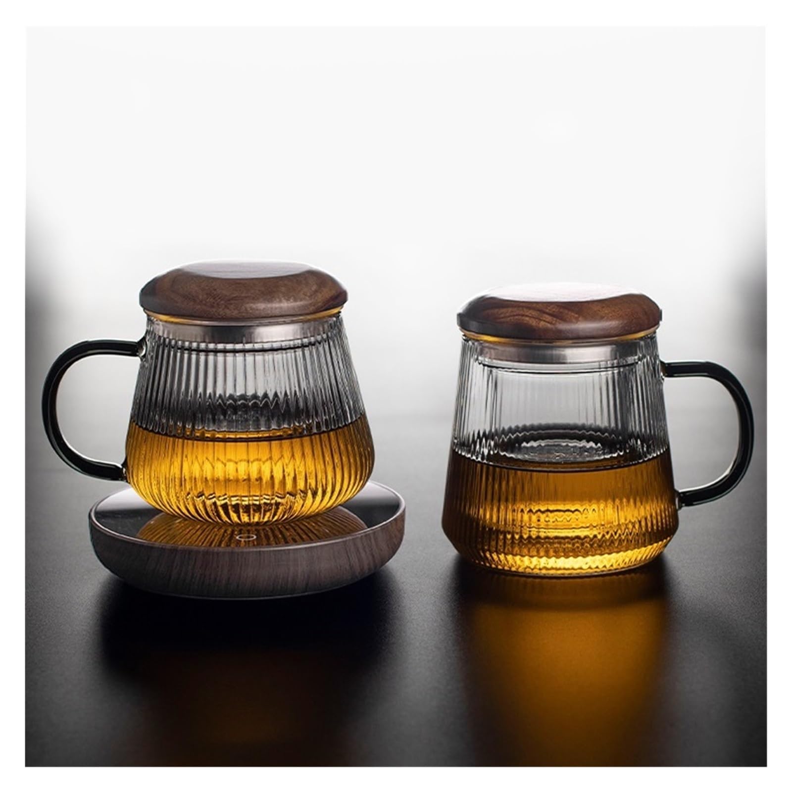 Copa de cristal Taza de té de vidrio rayado vertical con infusor y tapa(L)