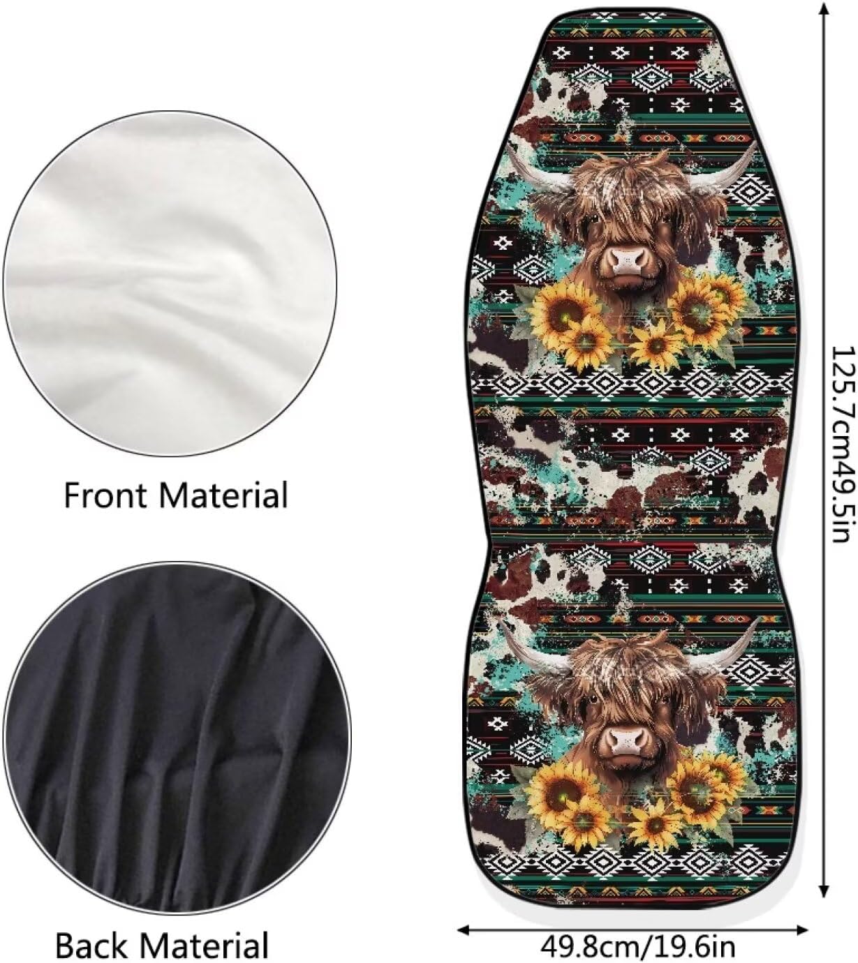 Talayituse Aztec Highland Cow Sunflower Print Car Seat Cover for Front Seat Cushion Car Seat Protectors, 2 Pcs Auto Accessories Bucket Seat Covers with Fixed Hook