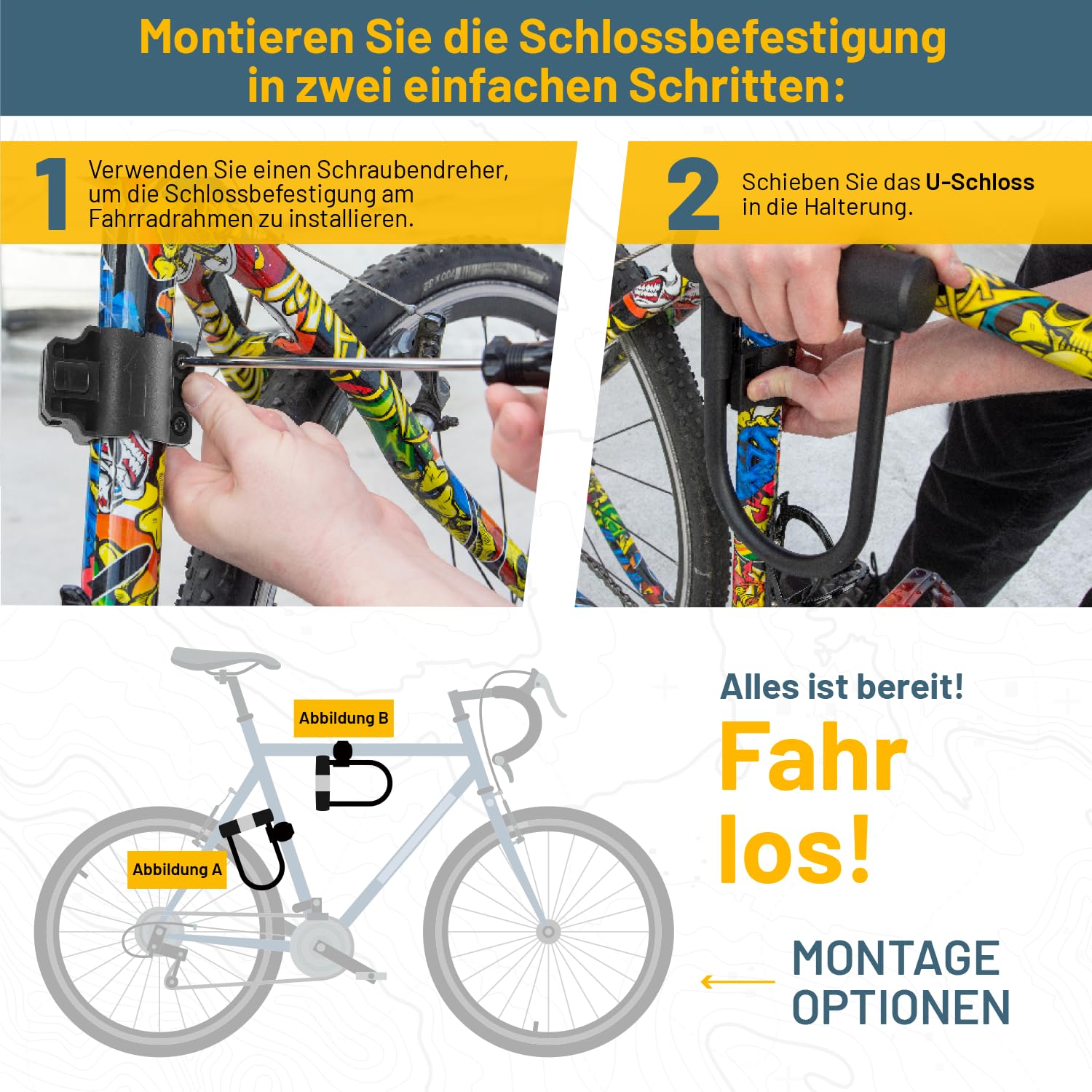 SIGTUNA Fahrradschloss - 18 mm Schweres Fahrrad Bügelschloss fürs Rennrad, Mountainbike, E-Bike, Klapprad mit Halterung, 2 Schlüssel
