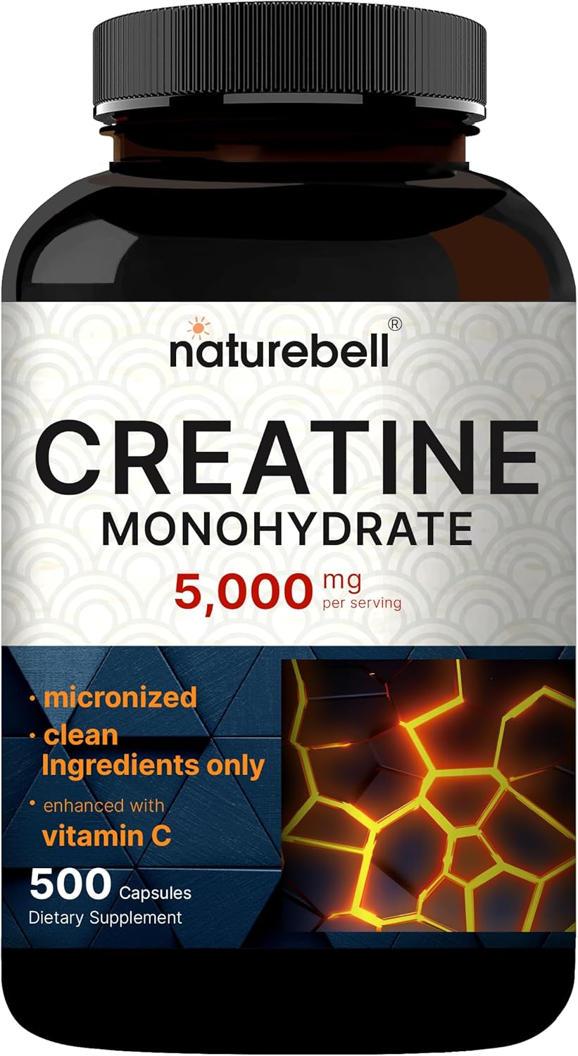 NatureBell Creatine Monohydrate Capsules 5,000mg Per Serving, 500 Count | Micronized, Unflavored Creatine Pills | Pre-Workout & Muscle Strength Support | Easy to Swallow, Filler-Free | 71 Servings