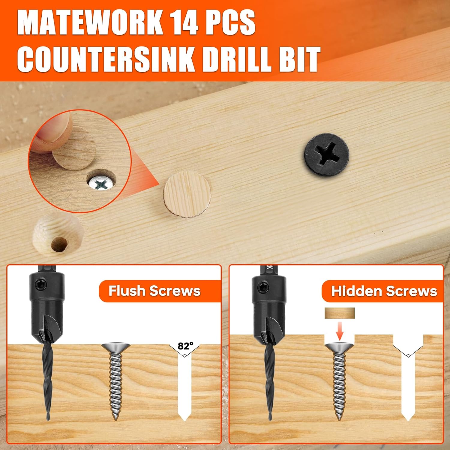 Countersink Drill Bit Set, 15PCS M2 Cobalt HSS Woodworking Tool Set, Adjustable Depth Tapered Drill Bit Set with 4 Wood Plug Cutters & 1/4" Hex Shank, Counter Sink Drill Bit for Wood with Storage Box