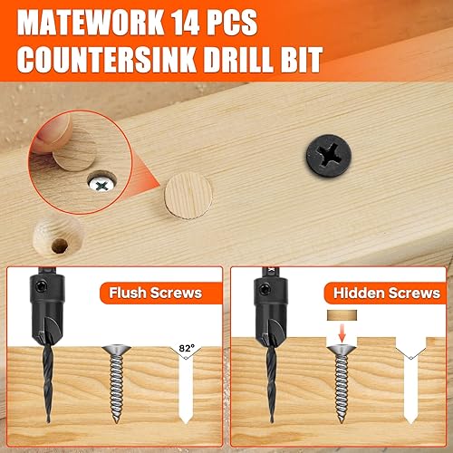 Miniatura 7 de Juego de brocas avellanadas, 15 piezas M2 cobalto HSS juego de herramientas de carpintería, juego de brocas cónicas de profundidad ajustable con 4