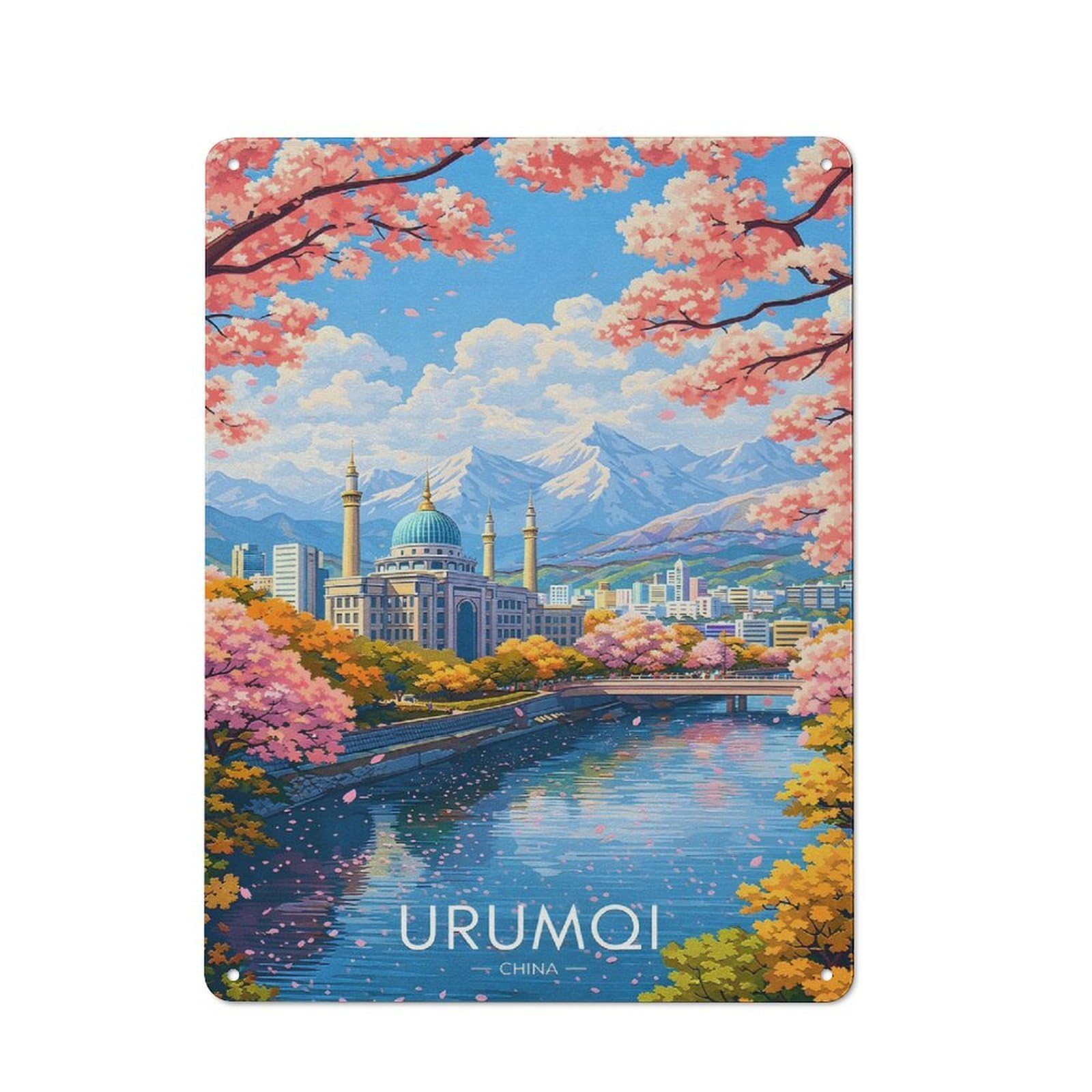 Outdoor Room Shed Metal Sign 40x30cm Featuring Urumqi Cityscape with Cherry Blossoms, Utility Space Decor for Patio Bar, Workshop, Shed Or Kitchen