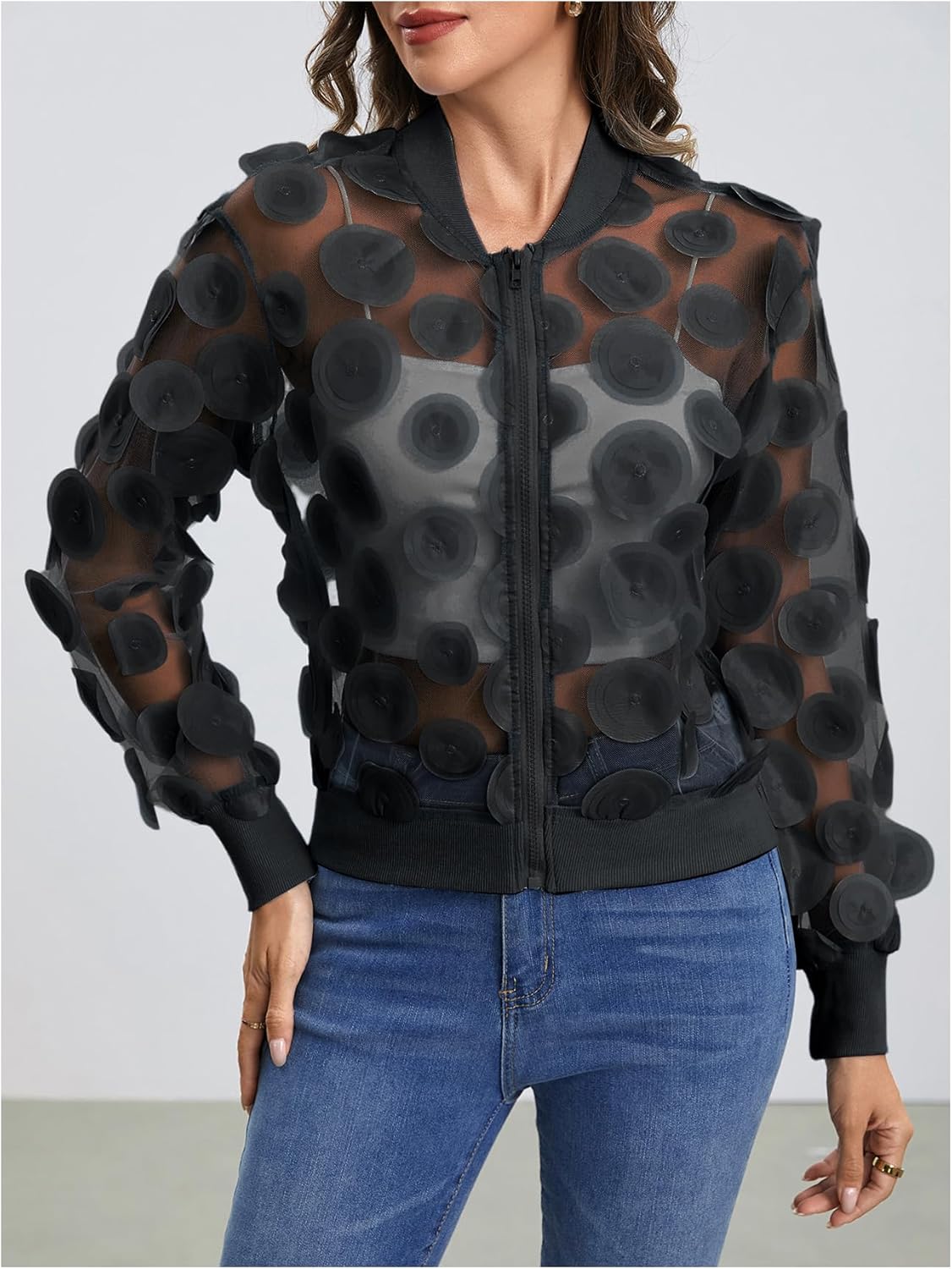 Floerns Women's Sheer Mesh Zip Up Bomber Jacket Long Sleeve Baseball Collar Outwear Tops - Image 3