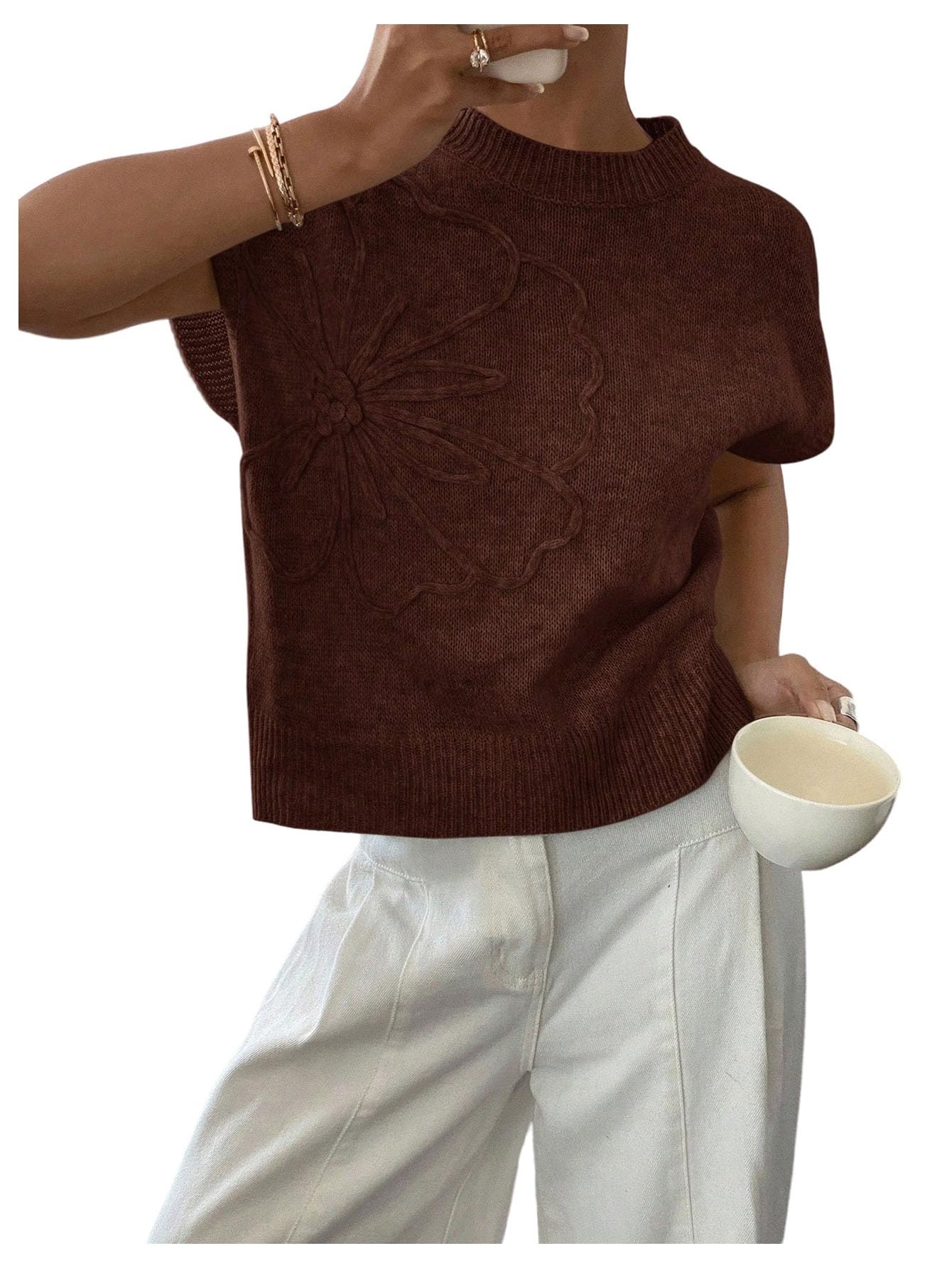 MakeMeChic Womens Bow Sweater Cute Summer Tops Plaid Short Sleeve Crew Neck Y2K Knitted Pullover Mocha Brown Medium