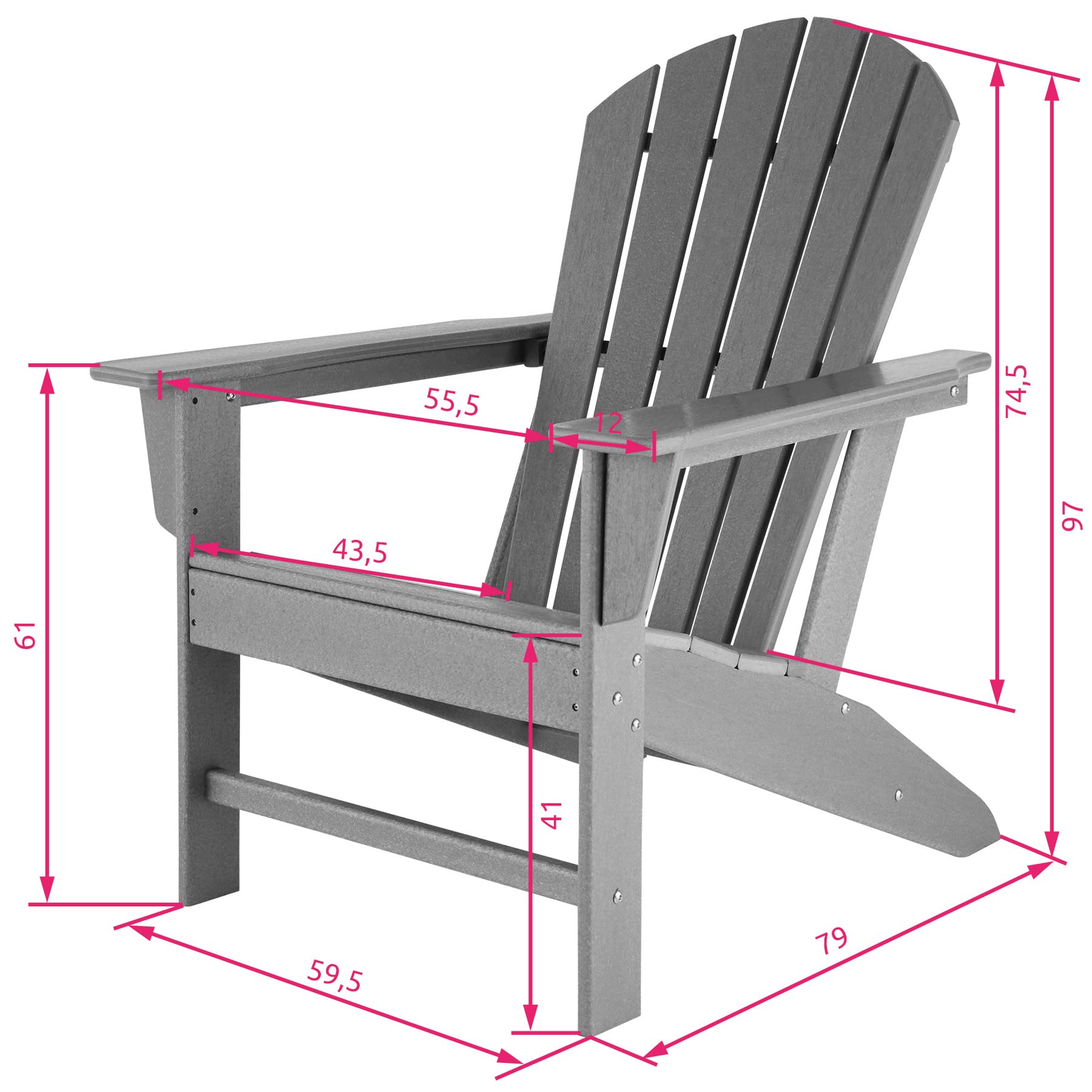 tectake® Gartenstuhl Adirondack in Holzoptik, komfortable Rückenlehne, Gartensessel mit extrabreiten Armlehnen, für Garten, Terrasse und Balkon, wetterfest - grau