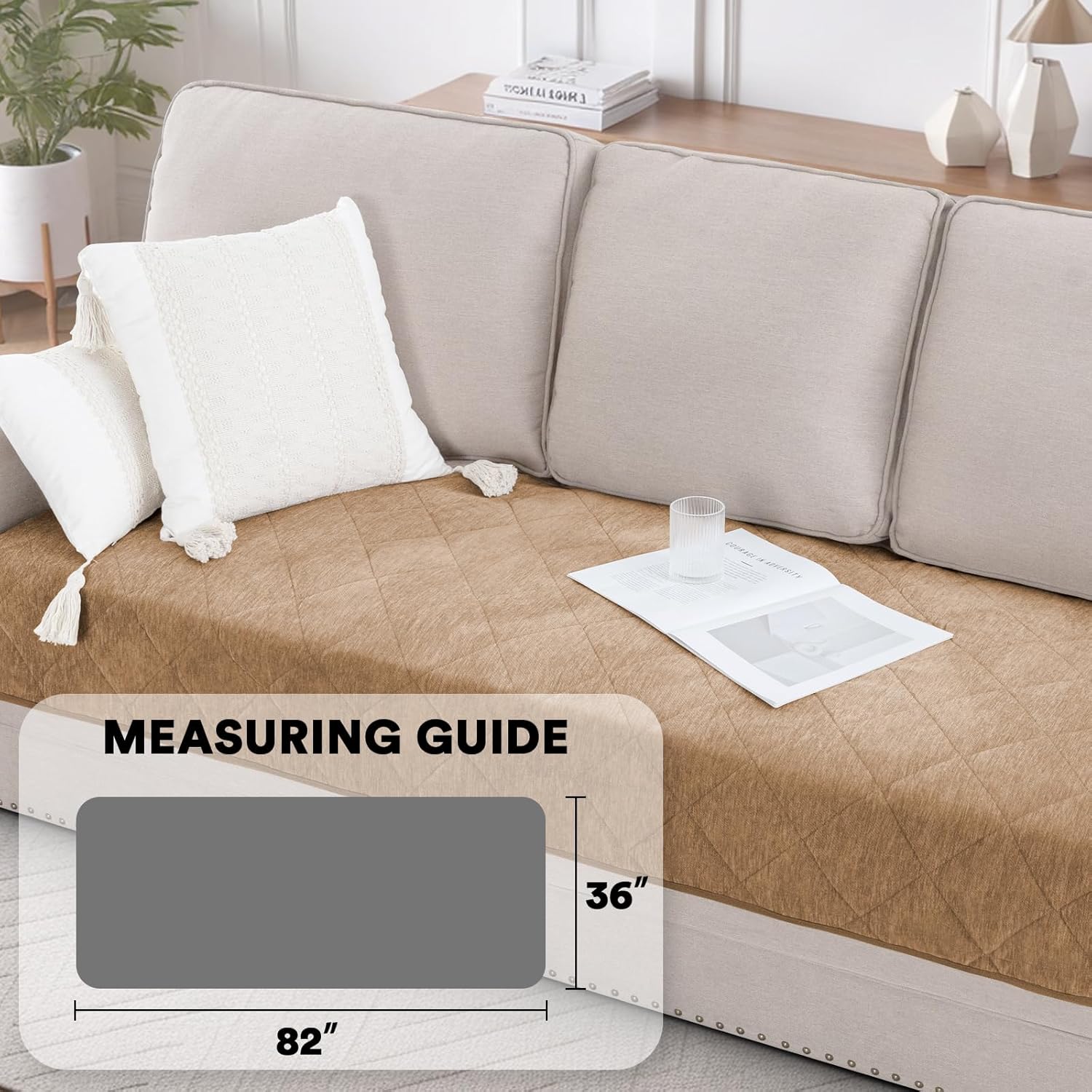 PrinceDeco Non Slip Couch Cover for Dogs Fluffy Pet Cover for Couch Checkered Chenille Sofa Slip Cover Pad Bed Mats Washable Furniture Protector for Puppy Cat Kids(36" x 82", Khaki)