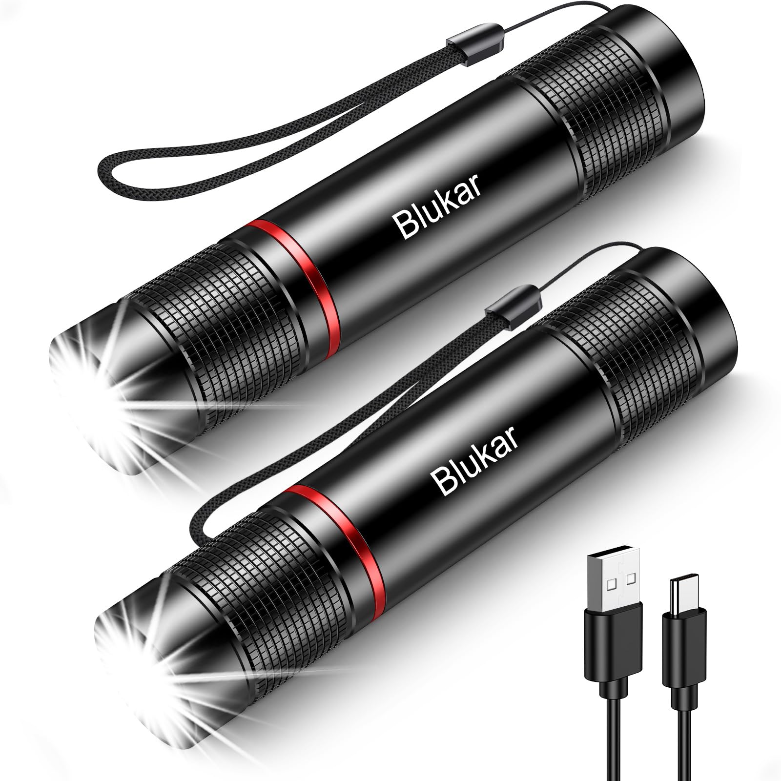 Blukar LED Flashlight Rechargeable 2 Pack, Super Bright Small Handheld Flashlights- Zoomable, Adjustable Brightness, Long Lasting Flash Light, Waterproof Pocket Size Torch Light for Emergency, Camping