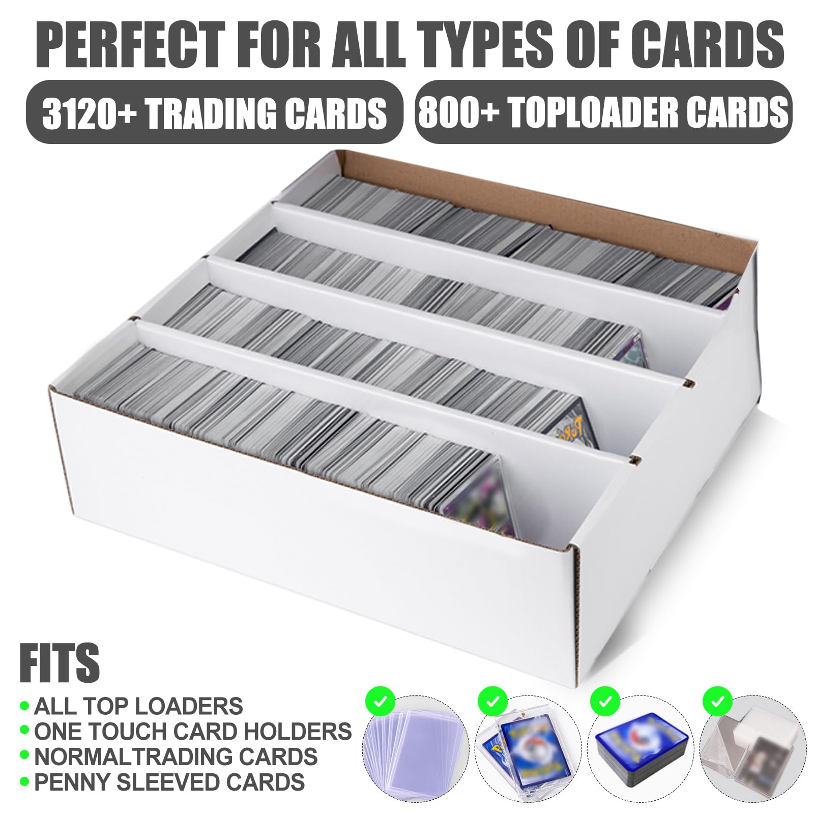 KITCHENLESTAR Collector Card Storage Box – Holds 3120 Trading Cards, White Sports Card Organizer with Sorting Tray & Sleeve Cases for Soccer, Basketball & More(4 Sets)