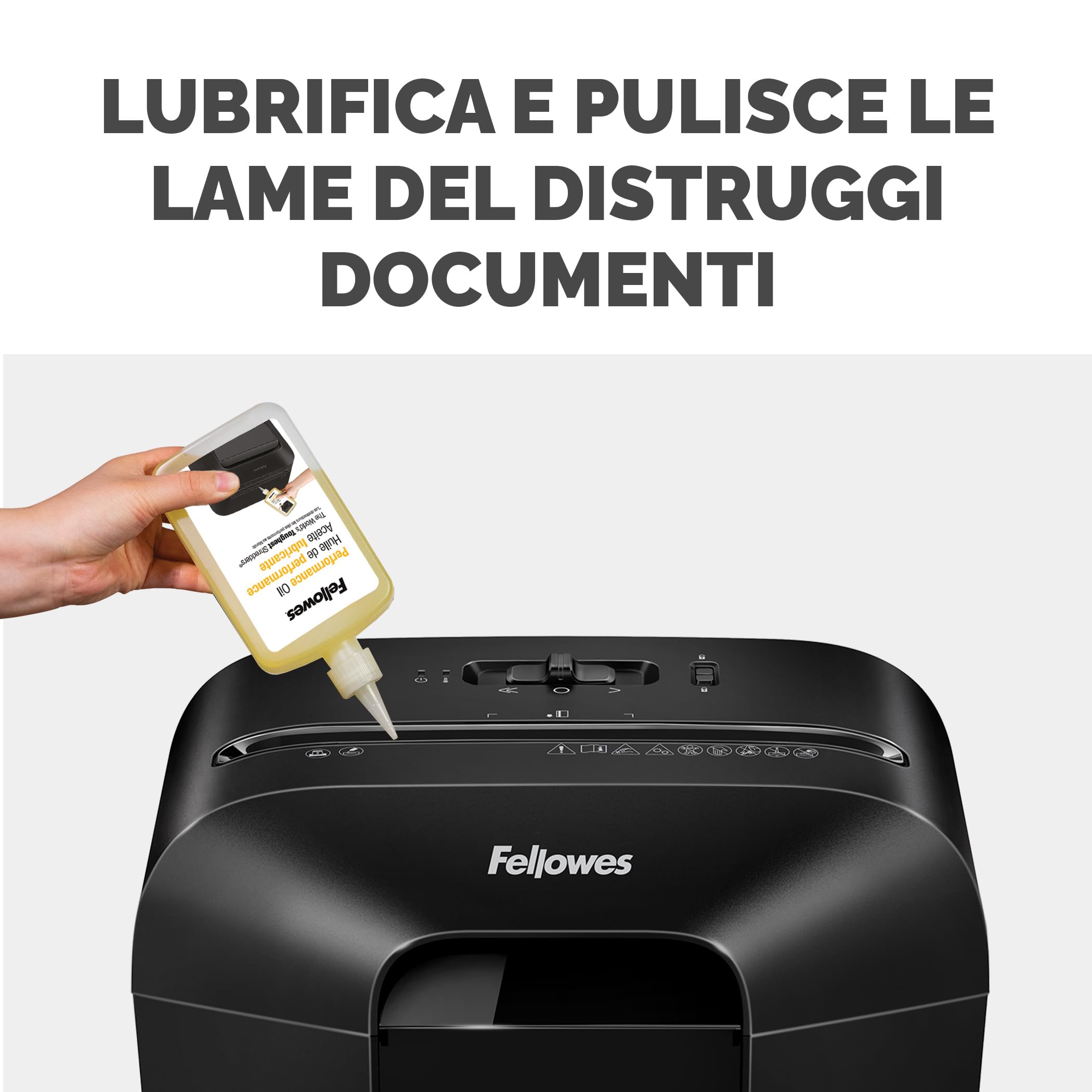 Fellowes distruggi documenti a frammento LX50, 9 fogli, trita documenti per casa e piccolo ufficio, uso personale, nero + Olio per Distruggi Documenti, 355 ml - Olio Lubrificante con Beccuccio