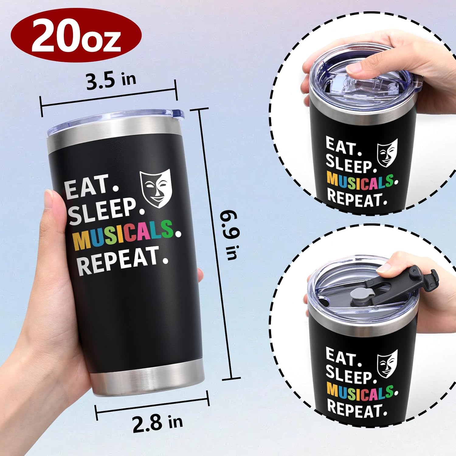 Qtencas Theater Gifts: Broadway Eat Sleep Musicals Repeat 20oz Stainless Steel Travel Mug Tumbler for Music Lovers & Teachers - World Theatre Day Gift - Image 3