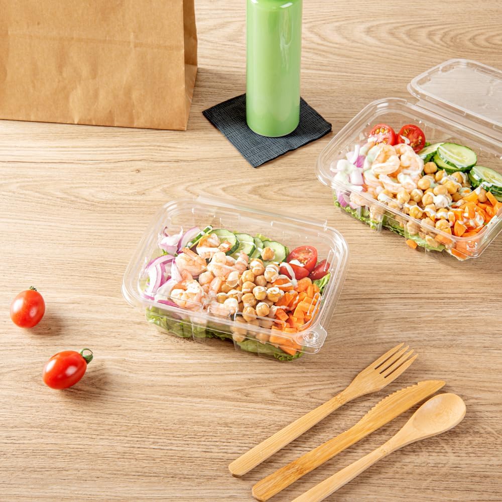 Restaurantware Tamper Tek 20 Ounce Rectangle Take Out Containers 100 Durable Salad To-Go Boxes - Tamper-Evident Freezable Clear Plastic Salad Containers Disposable With Hinged Lids