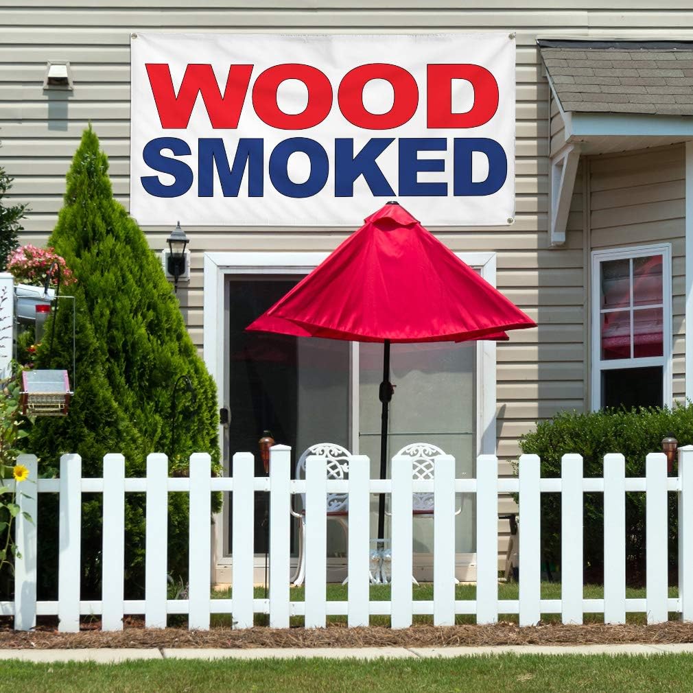Vinyl Banner Multiple Sizes Wood Smoked Red Blue Food Bar Restaurant Truck Restaurant & Food Outdoor Weatherproof Industrial Yard Signs 4 Grommets 16x40Inches