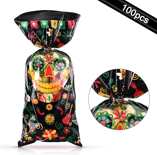 Miniatura 3 de Outus 100 bolsas de regalo del Día de los Muertos, bolsas de plástico de celofán negro con 100 lazos plateados para decoraciones de Halloween,