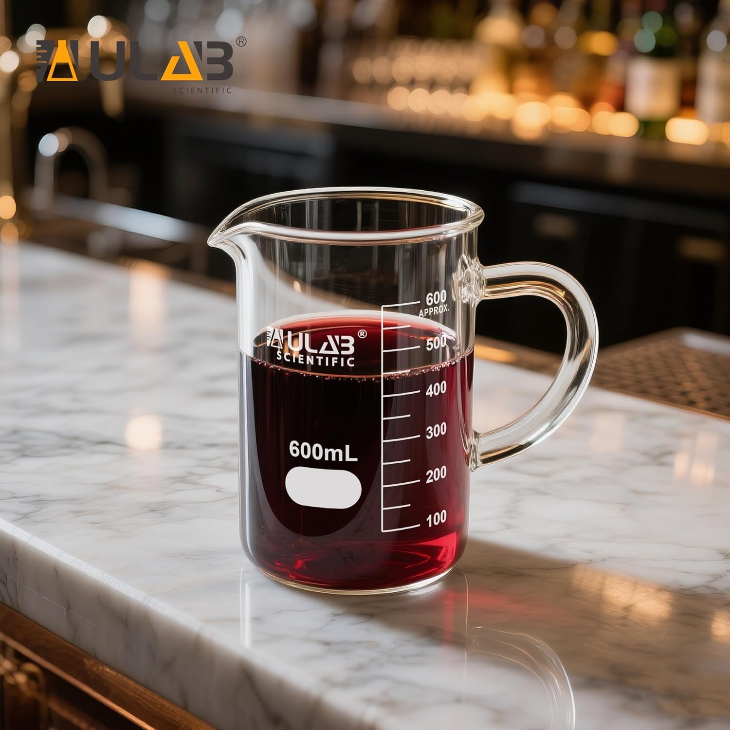 ULAB Glass Beaker with Handle, Vol. 500ml, 3.3 Borosilicate Griffin Low Form with Printed Graduation,Pack of 2,UBG1070