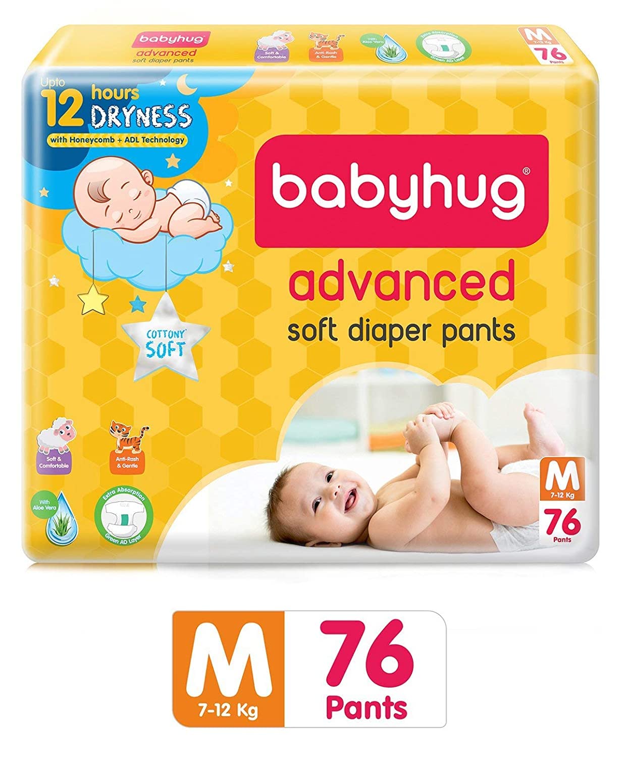 Babyhug Baby Diapers Pants Medium 76s Pack - Advanced Soft Diapers Pants (M76) (7-12 Kg)