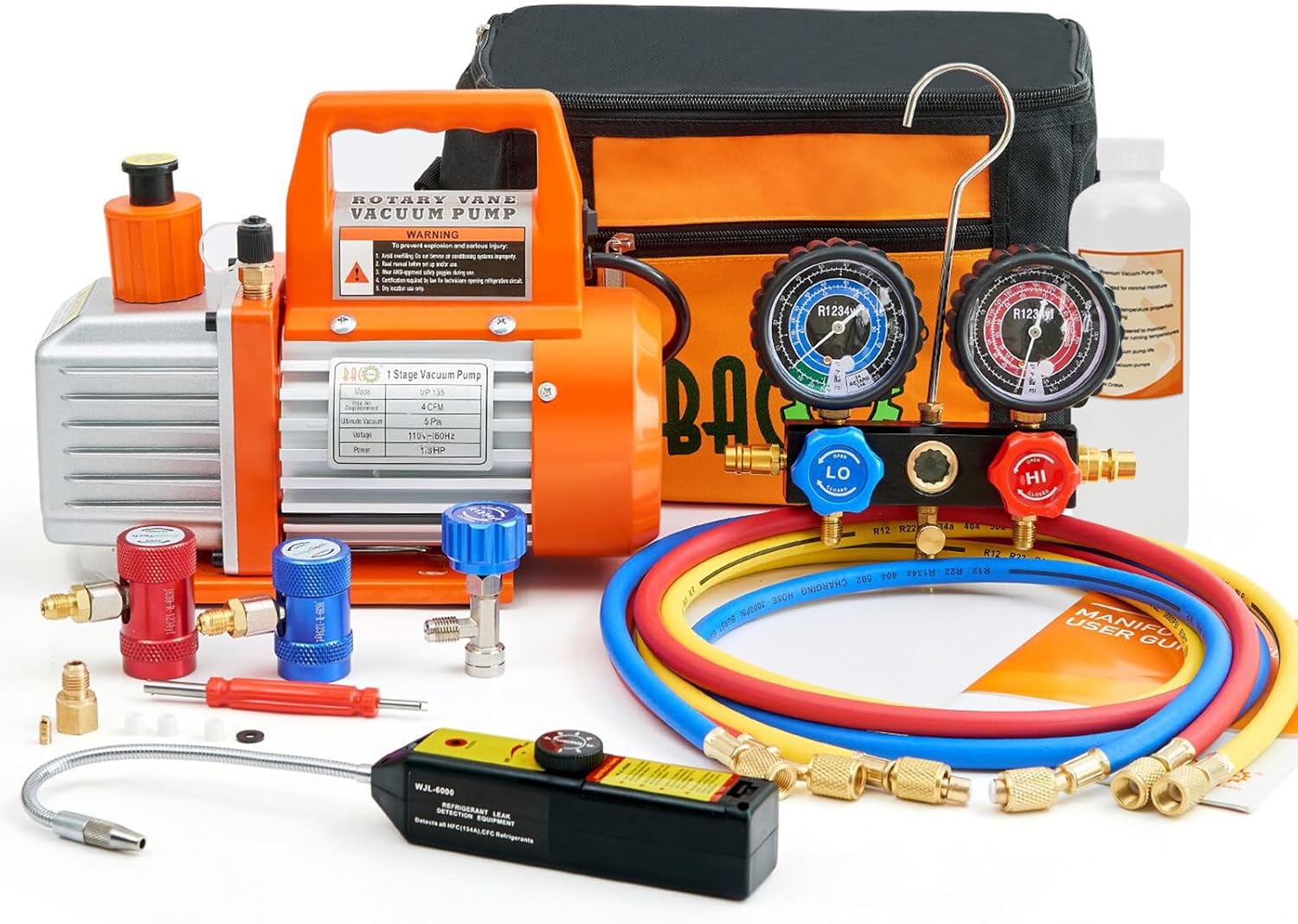 BACOENG R1234yf AC Vacuum Pump and Gauge Set, 4 CFM HVAC Vacuum Pump with Leak Detector for R1234yf Refrigerant, with Can Tap and Quick Couplers R1234yf & 4CFM