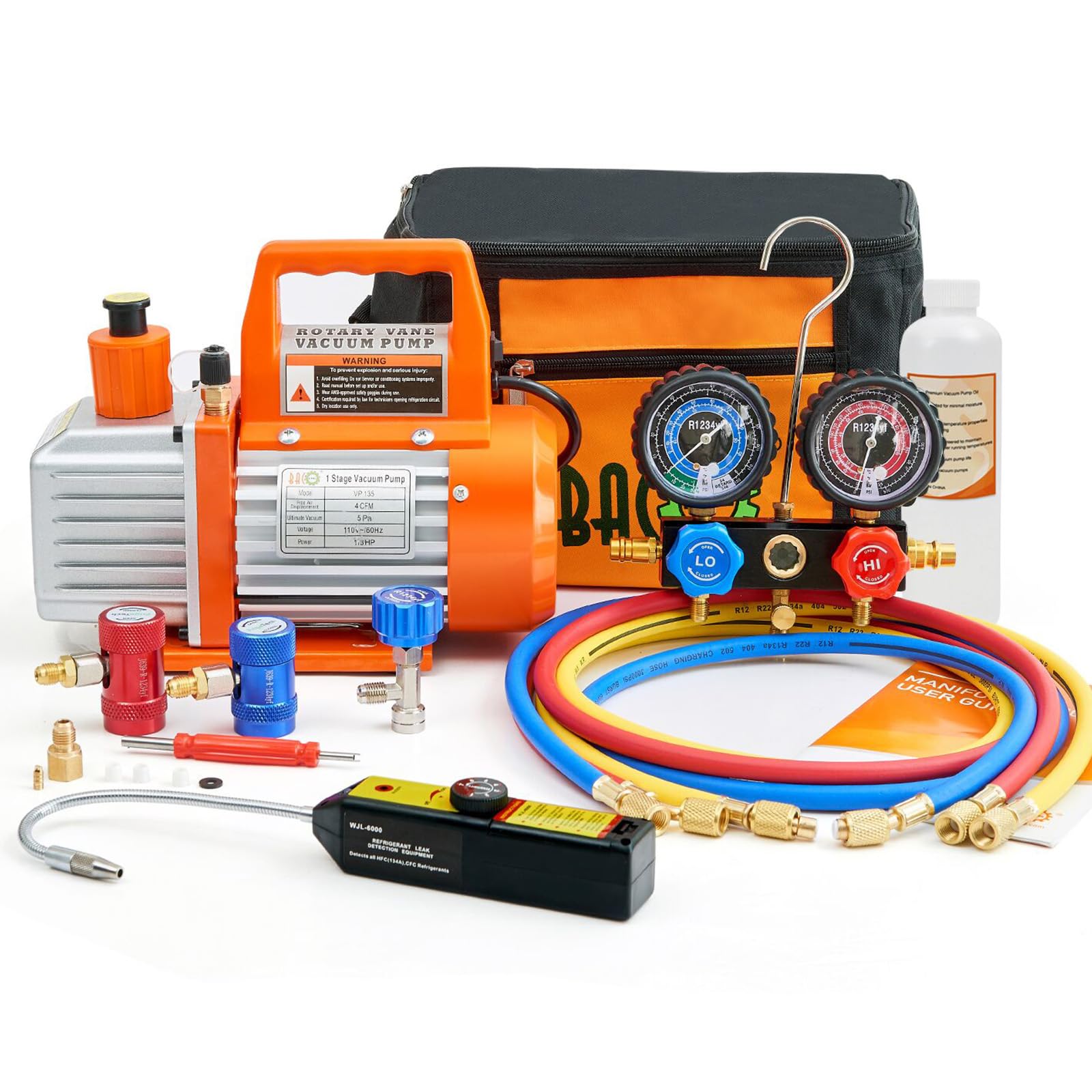 R1234yf AC Vacuum Pump and Gauge Set, 4 CFM HVAC Vacuum Pump with Leak Detector for R1234yf Refrigerant, with Can Tap and Quick Couplers