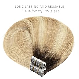 LacerHair Tape in Hair Extensions Human Hair Silky Straight PU Weft R2-27/613 Caramel blonde Mixed Bleach blonde with Darkest Brown Roots 50 Gram Remy Human Hair Tape Ins 16 Inch