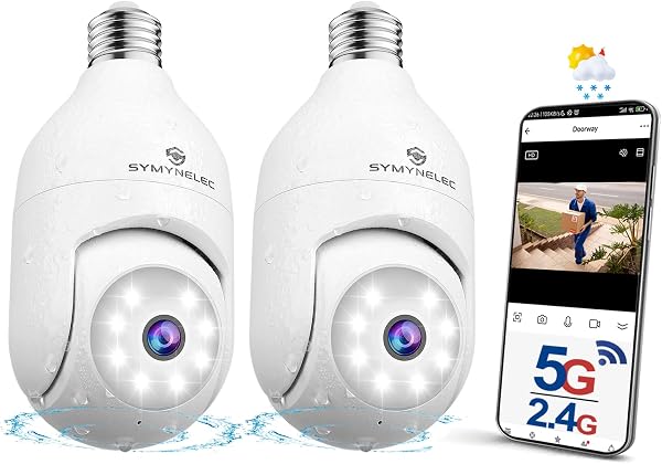 SYMYNELEC Light Bulb Security Camera: Outdoor Wireless WiFi Light Socket Security Cam 360 AI Motion Detection Auto Tracking 2K Color Night Vision 2-Way Talk Siren (5GHz&2.4GHz 2-Packs) - 1